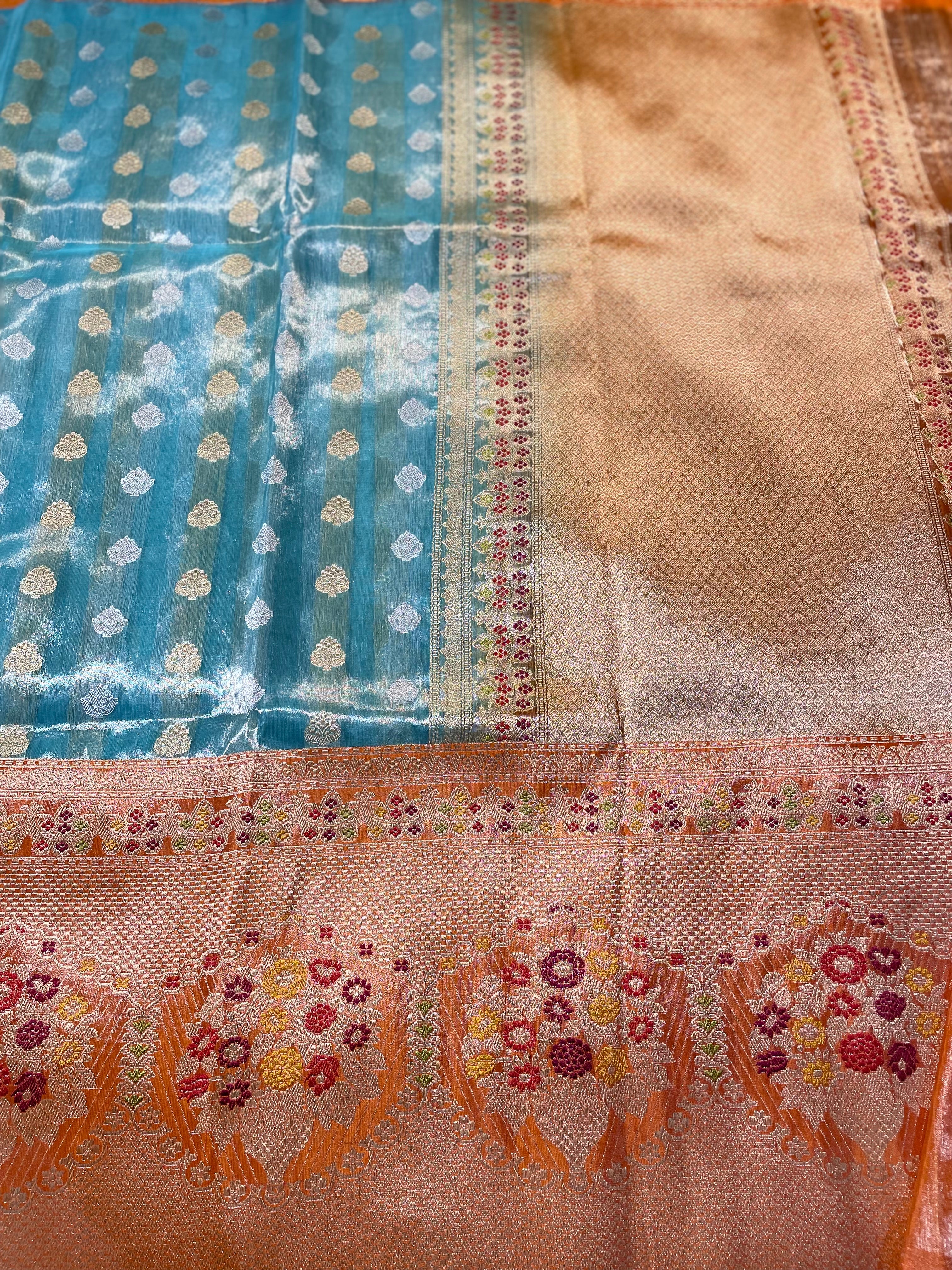 Blue Pure Tissue Kora Saree With Contrast Border with Meenakari