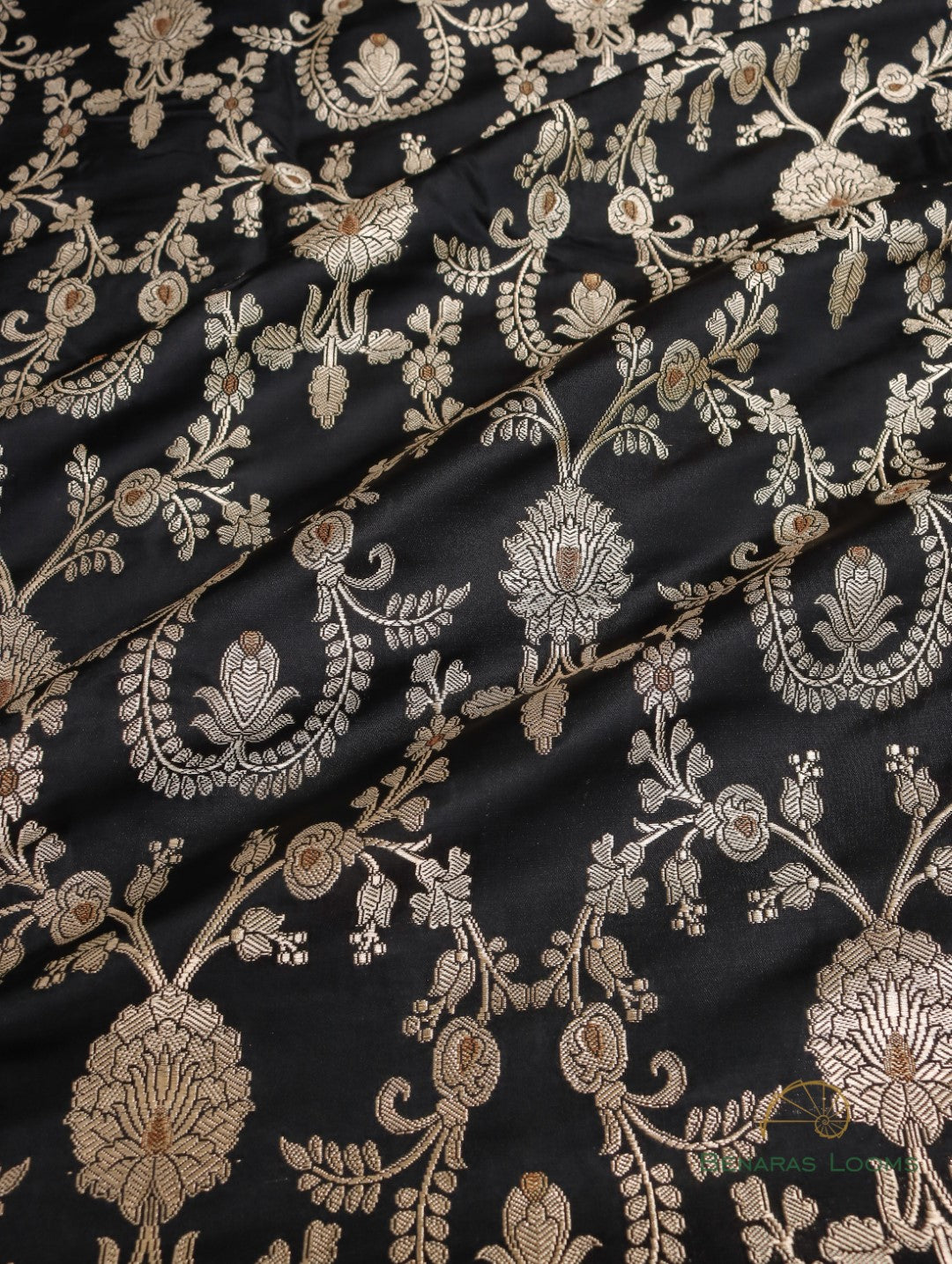 Black Handwoven Brocade Jaal Pure Silk Fabric