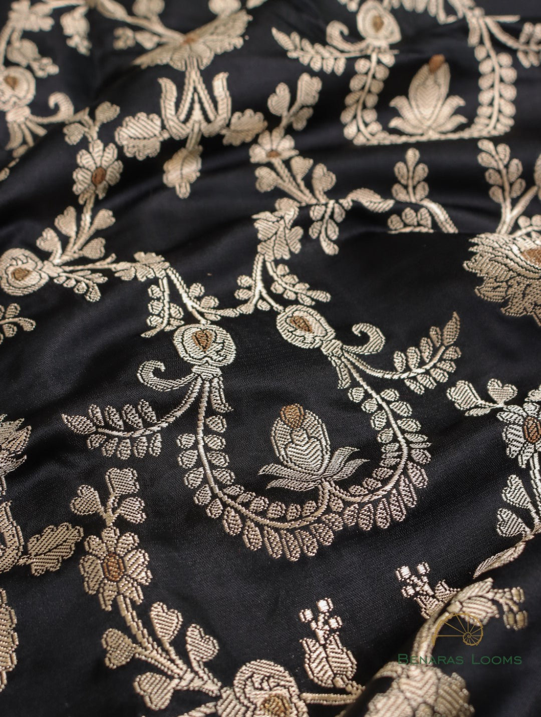 Black Handwoven Brocade Jaal Pure Silk Fabric