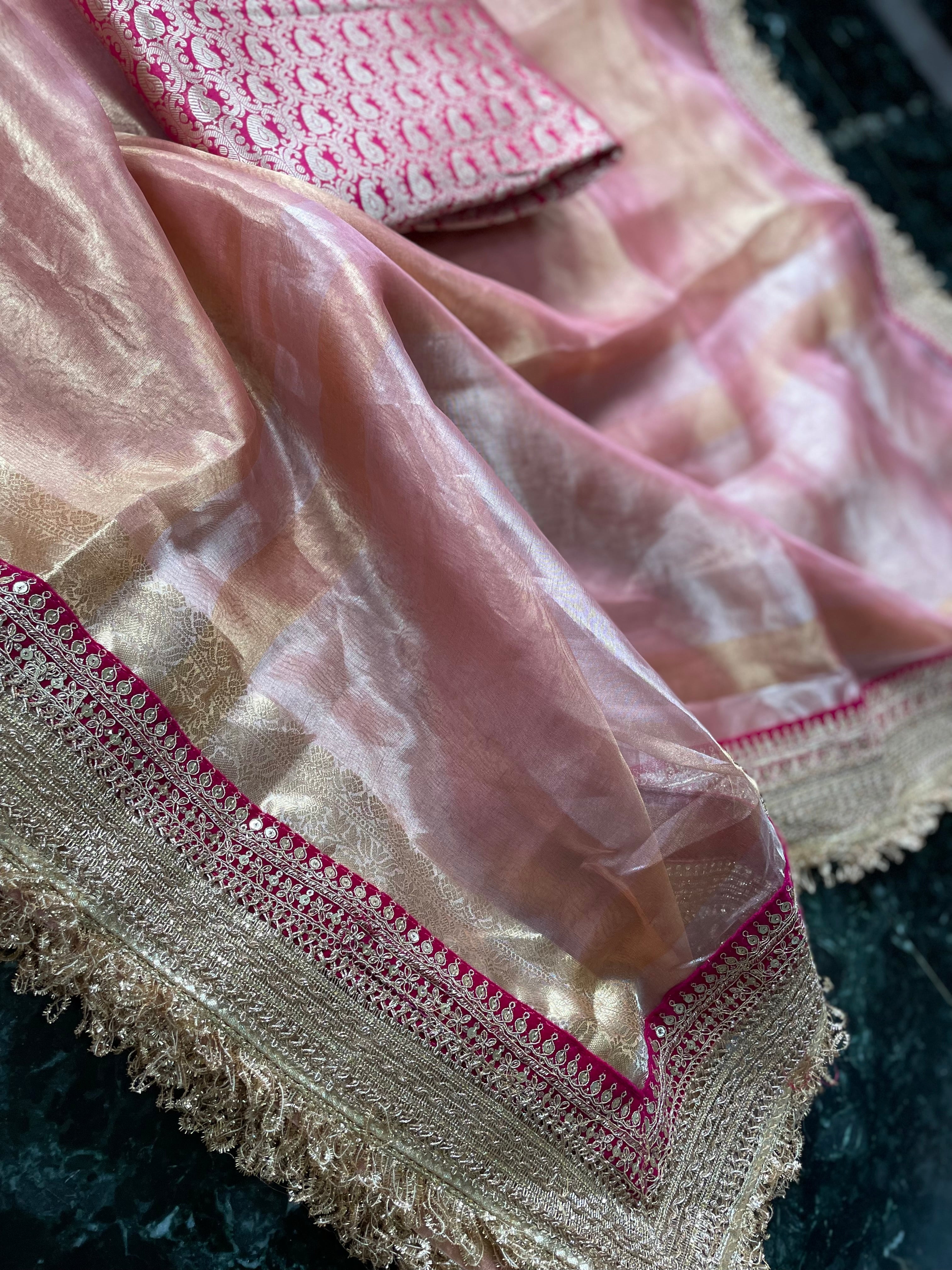 Pink Pure Tissue Silk Banarasi Saree with Embellished Border