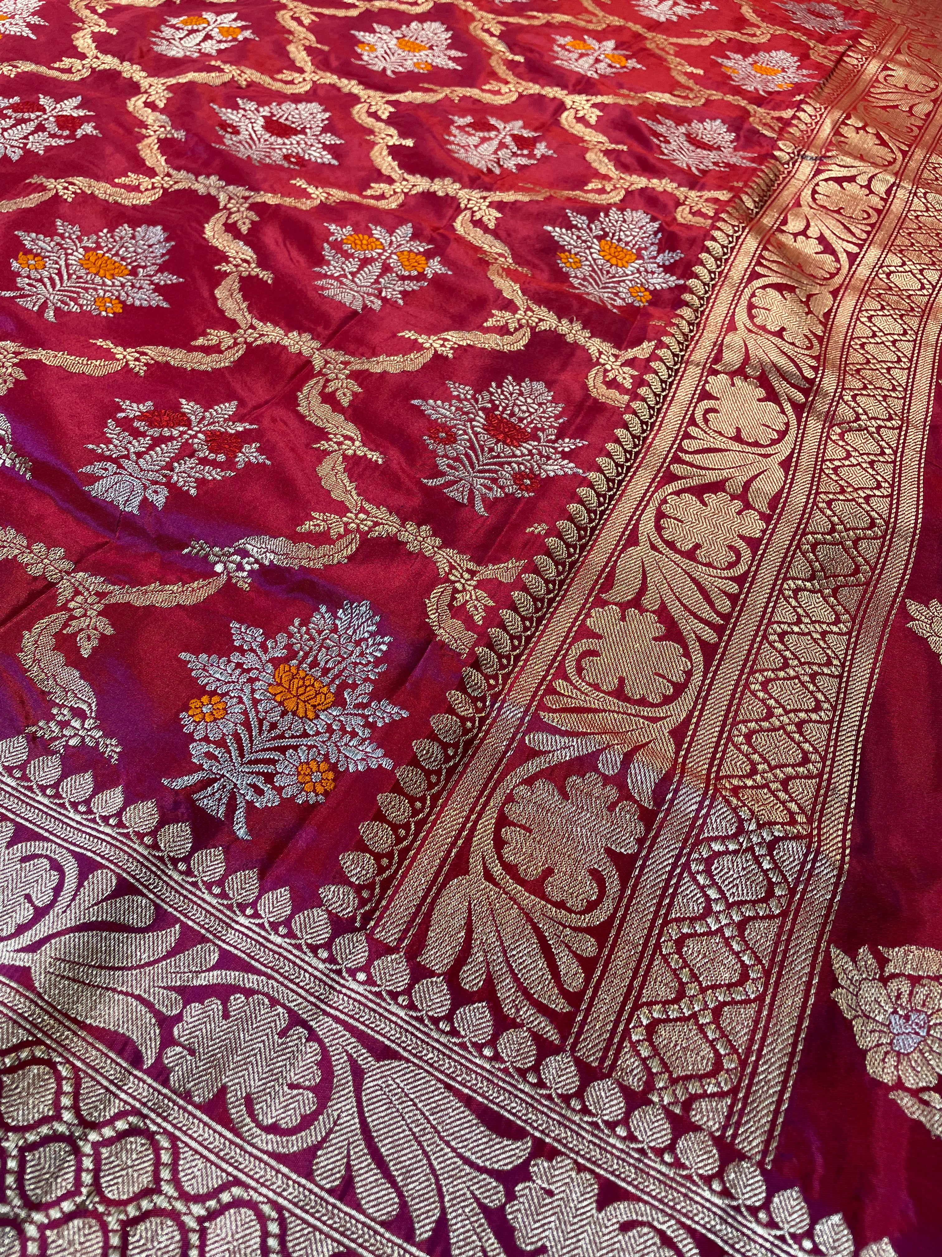 Burgundy Handloom Pure Silk Kadhua Jangla Banarasi Saree