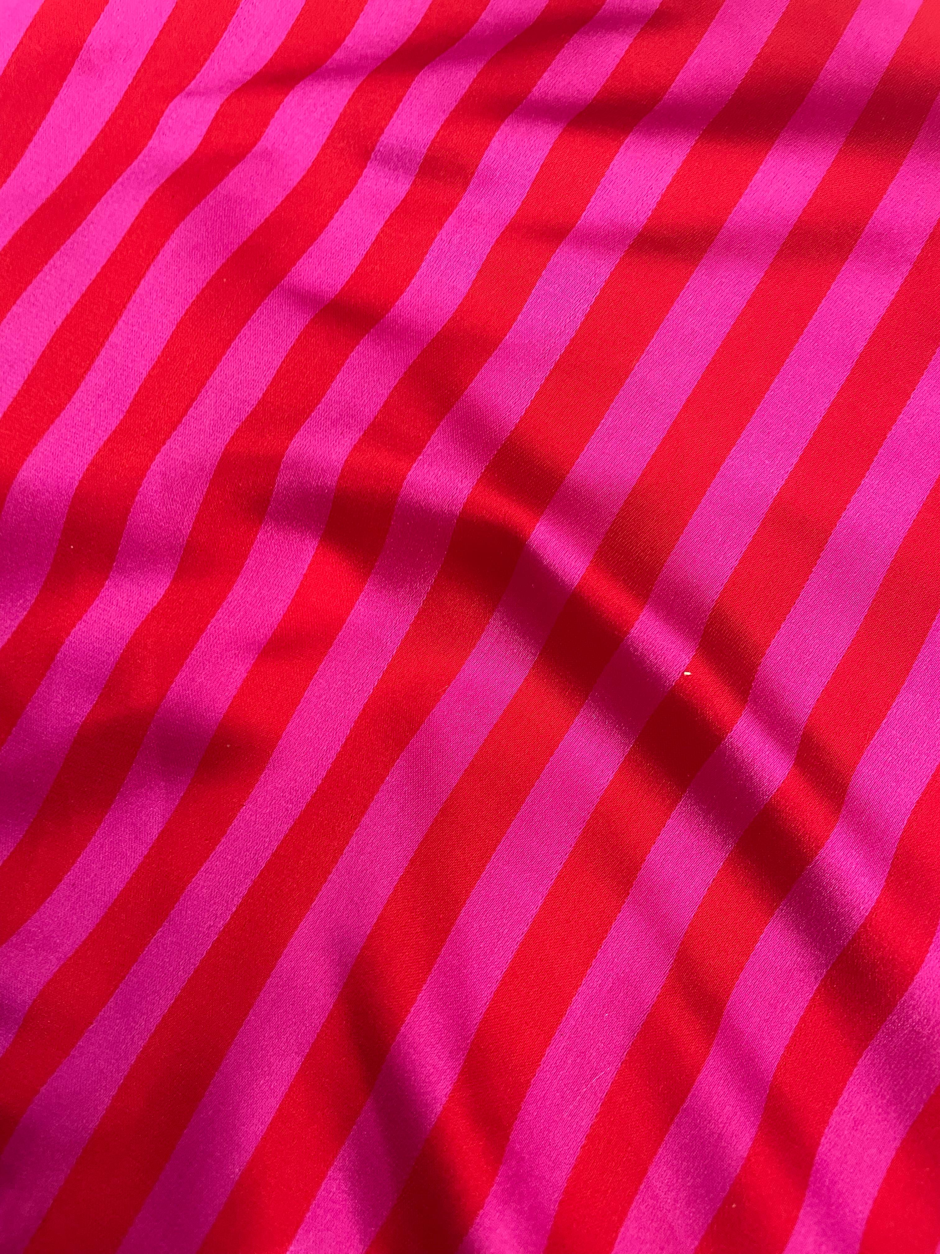 Striped Red Pink Handwoven Pure Satin Silk Fabric
