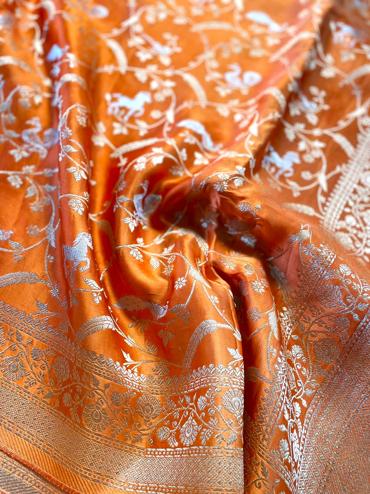 Orange Satin Jaal Shikargah Banarasi Saree