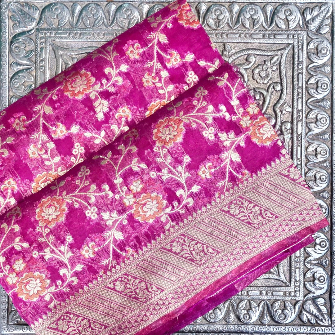 Wine Floral Jaal Organza Banarasi Saree with Meenakari