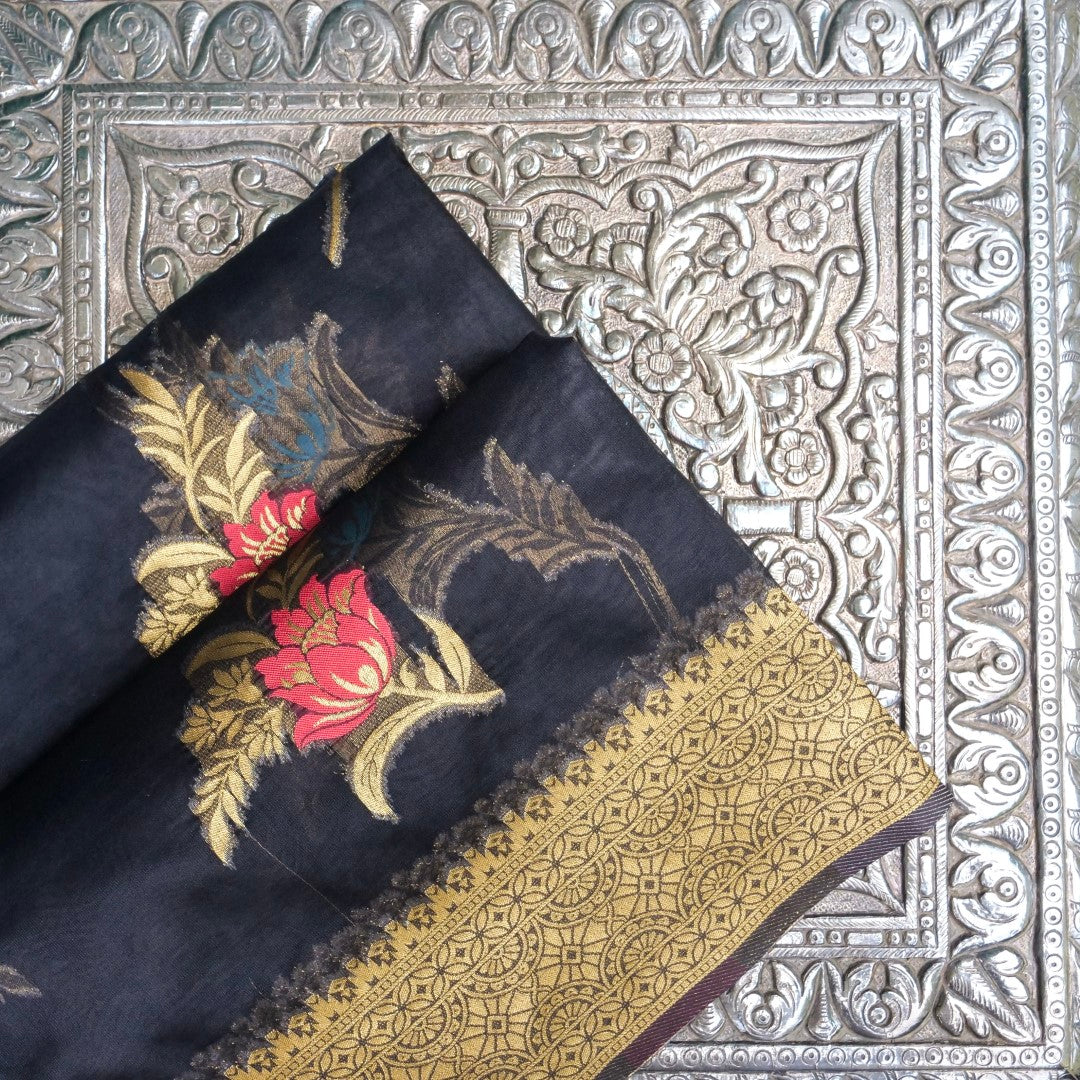 Black Floral Butas Organza Banarasi Saree with Meenakari