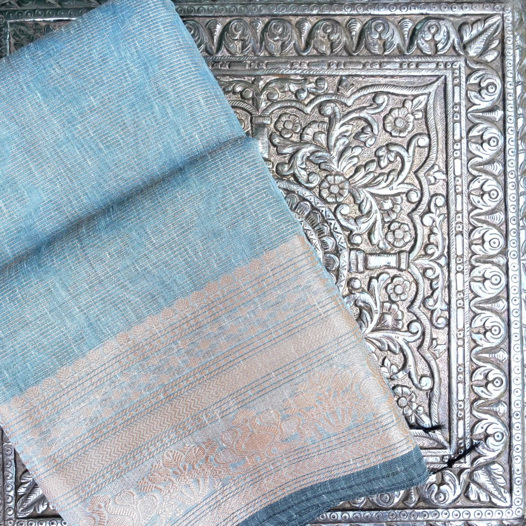 Linen Blue Woven Banarasi Saree with Skirt Border