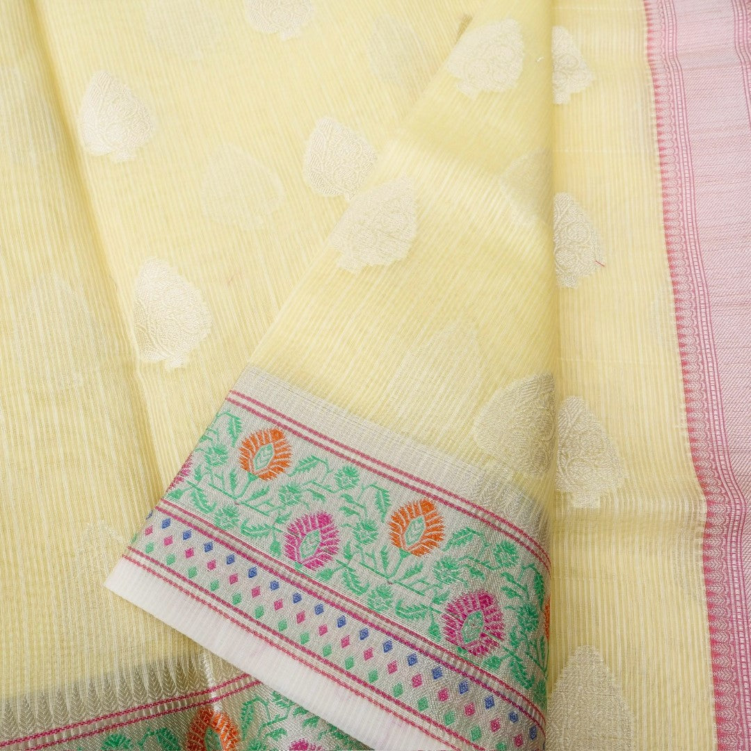 Kota Cotton Lemon Yellow Buta Woven Banarasi Saree with Paithani Border
