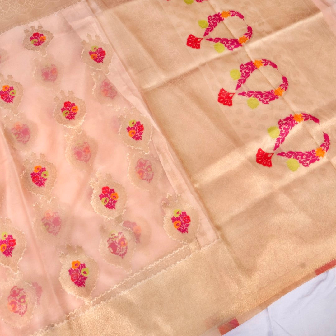 Millenial Pink Buti Organza Banarasi Saree with Meenakari