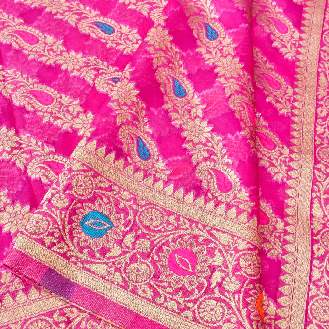 Pink Meena Floral Adha Jaal Organza Banarasi Saree with Meenakari