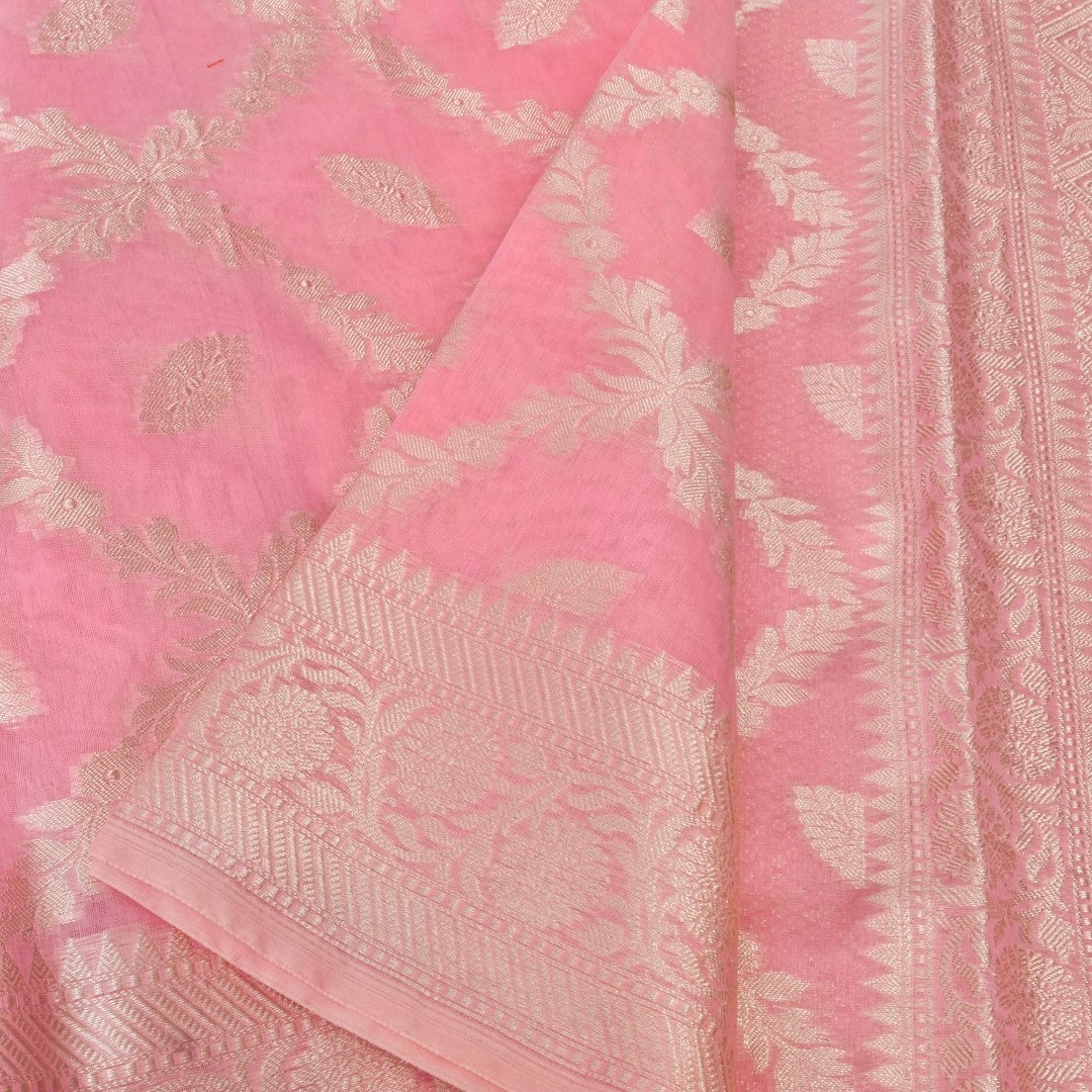 Light Pink Cotton Floral Jaal Pattern Woven Banarasi Saree