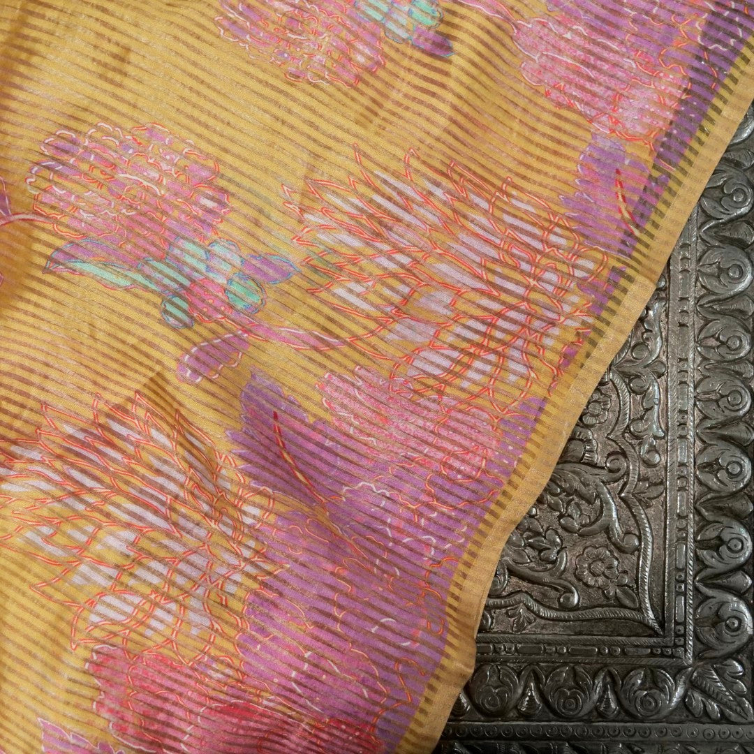 Yellow Striped Pure Tissue Silk Saree