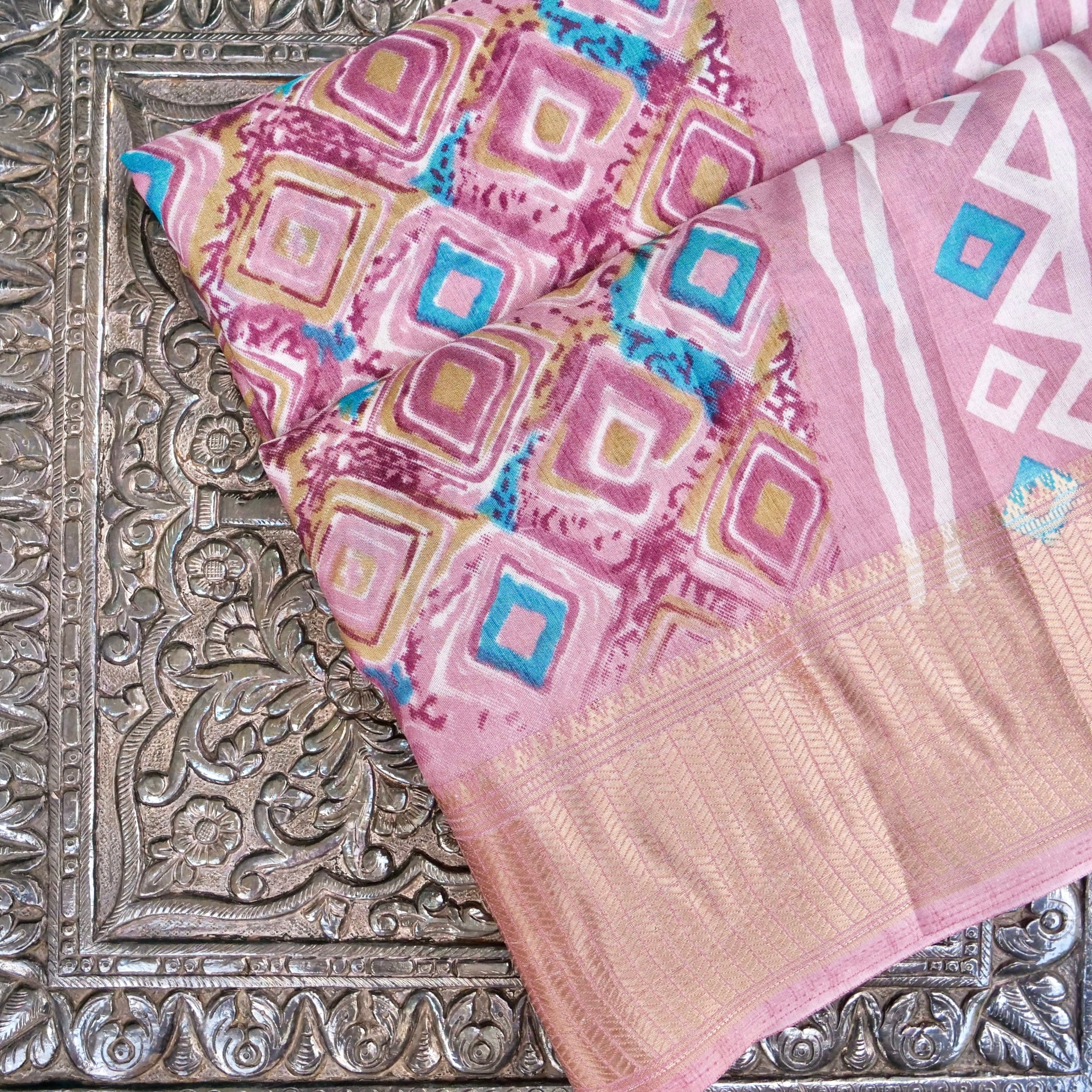 Pink Tussar Silk Floral Digital Print Banarasi Saree