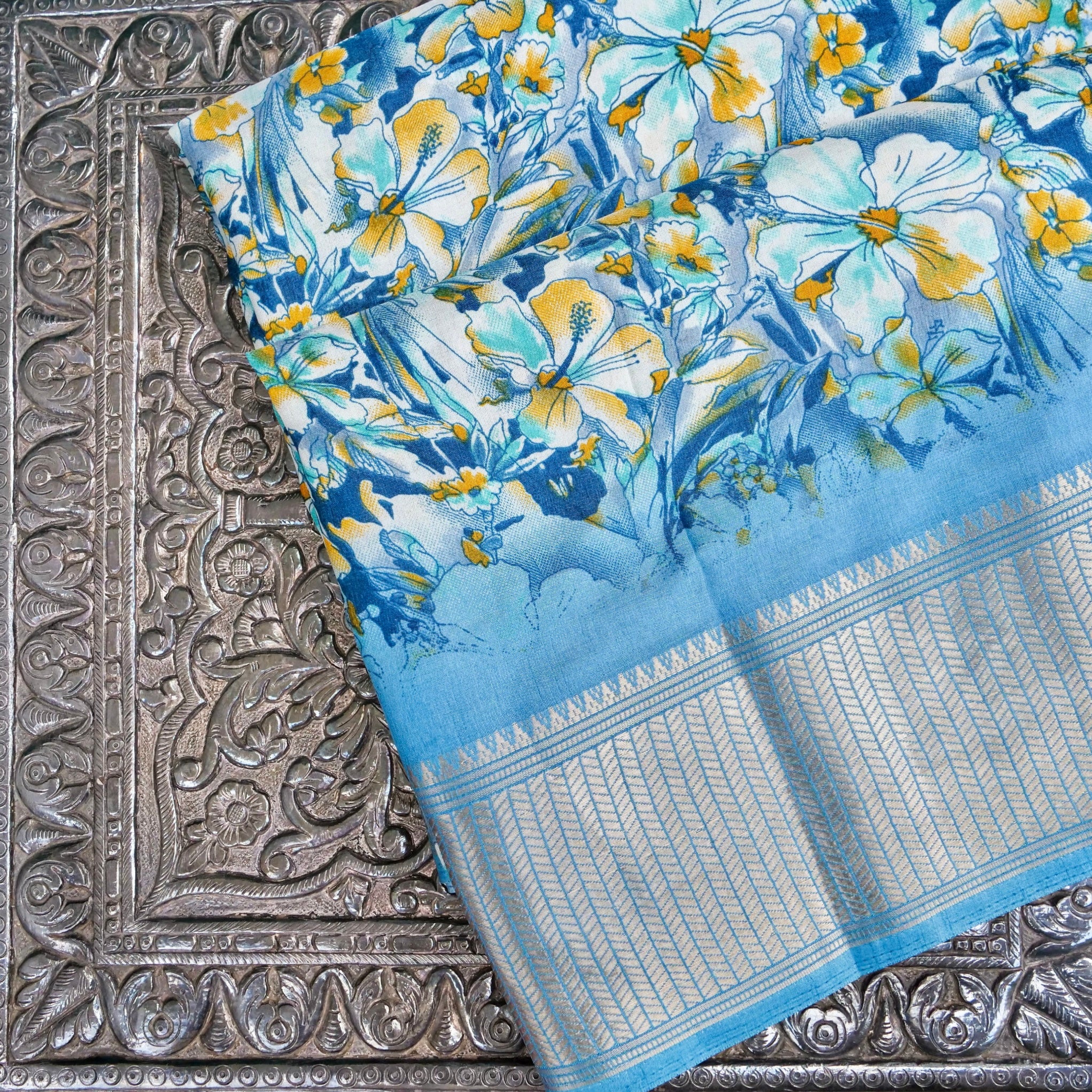 Blue Tussar Silk Floral Digital Print Banarasi Saree