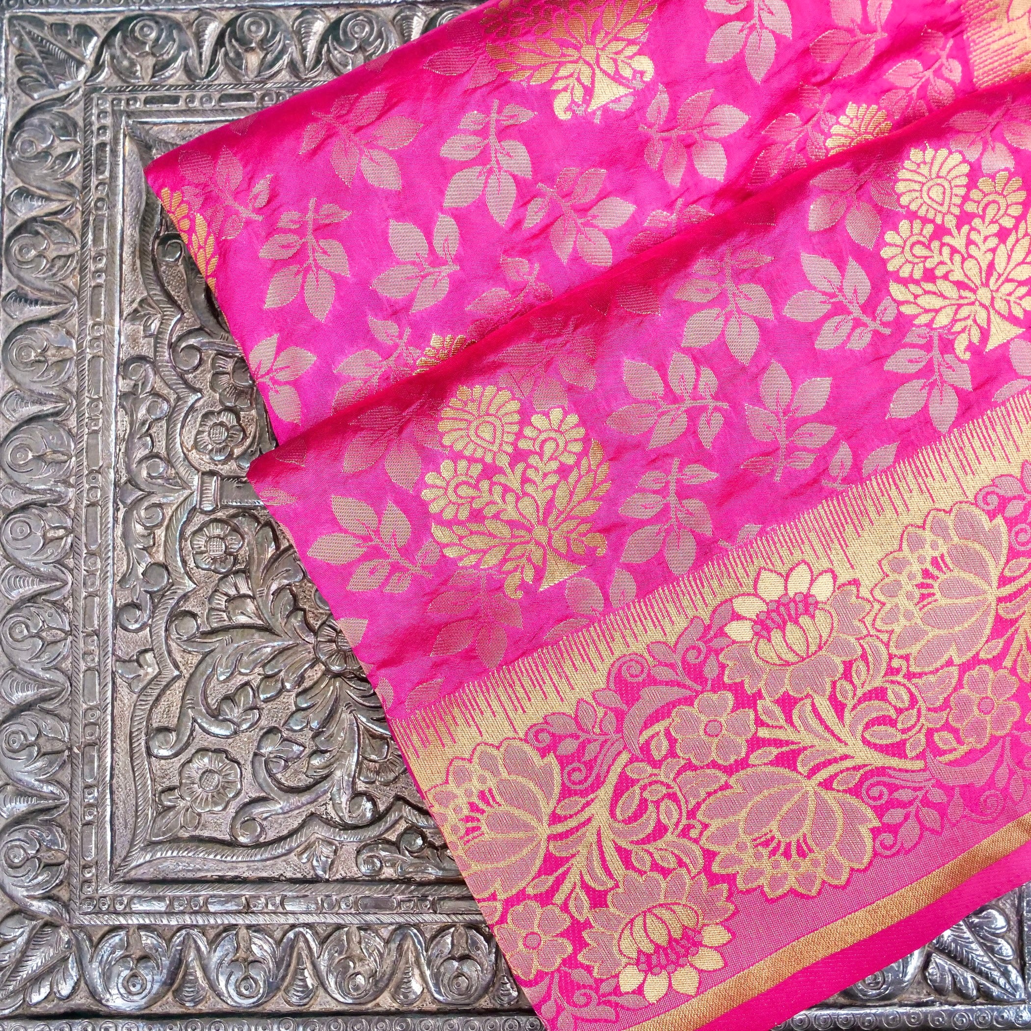 Pink Tanchoi Banarasi Saree with Floral Butas
