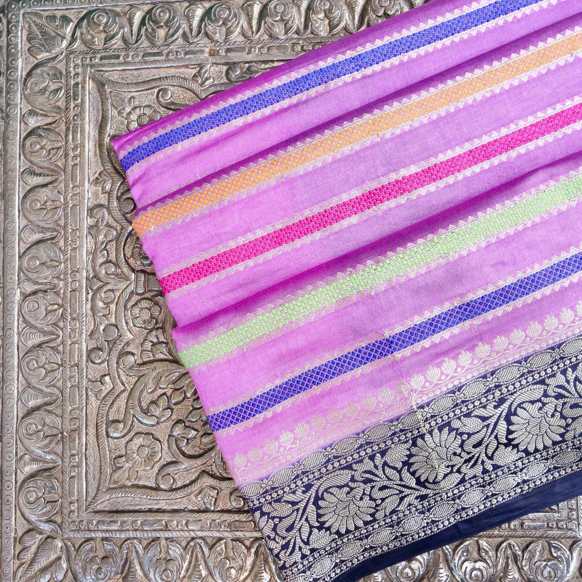 Lilac Raw Mango Silk Meena Striped Saree