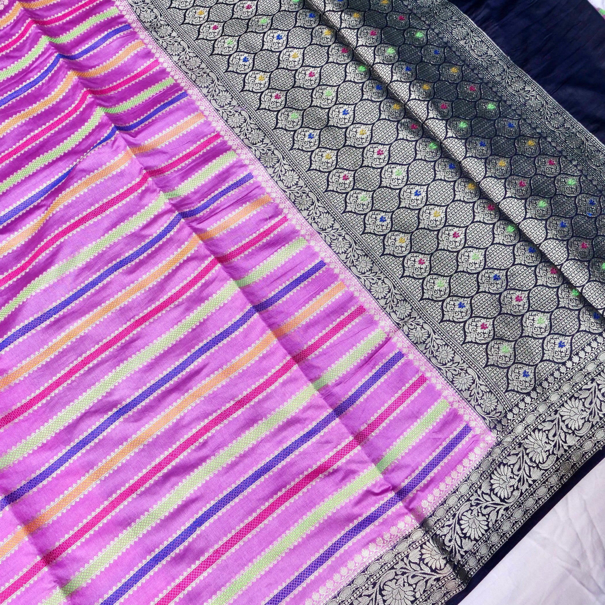 Lilac Raw Mango Silk Meena Striped Saree