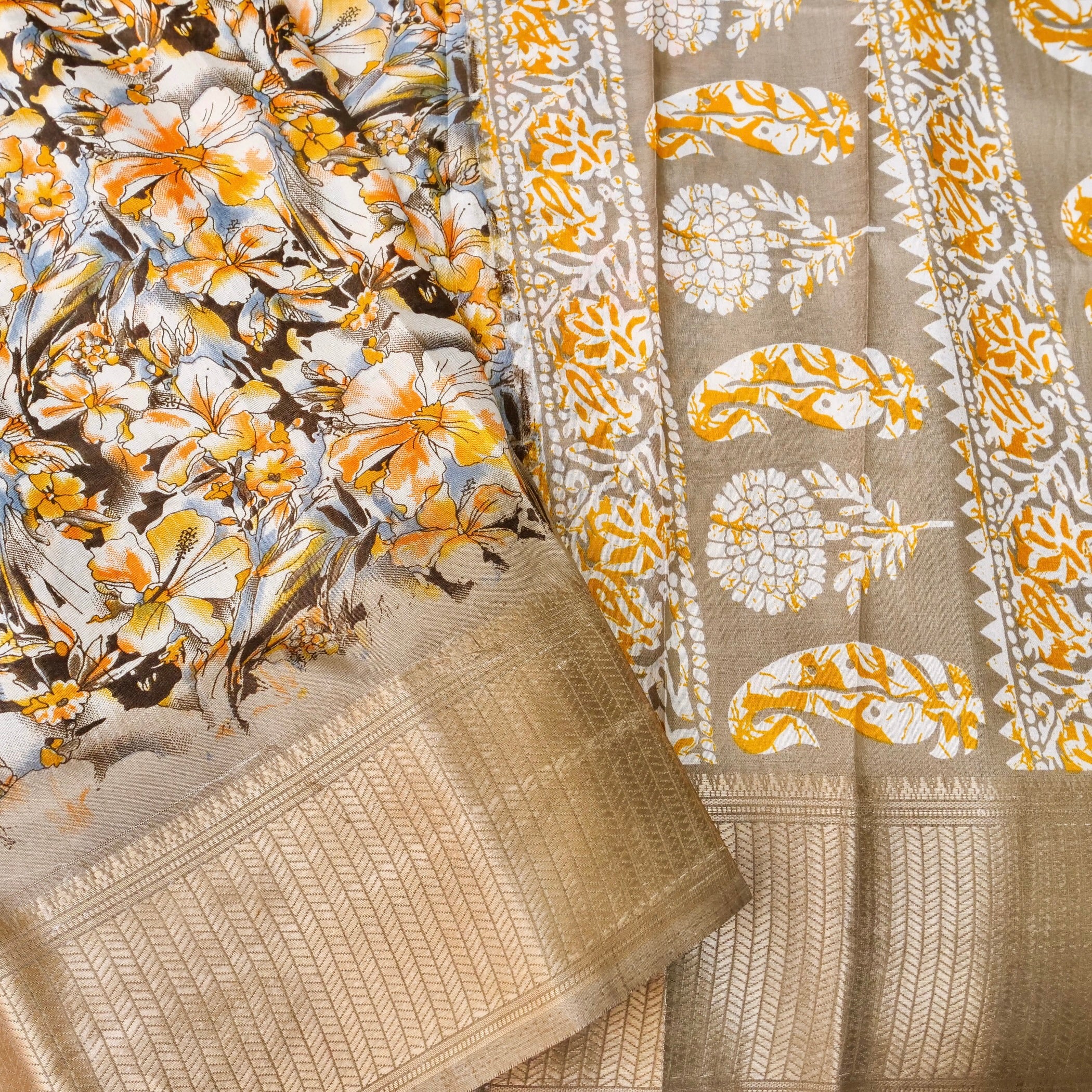 Beige Tussar Silk Floral Digital Print Banarasi Saree