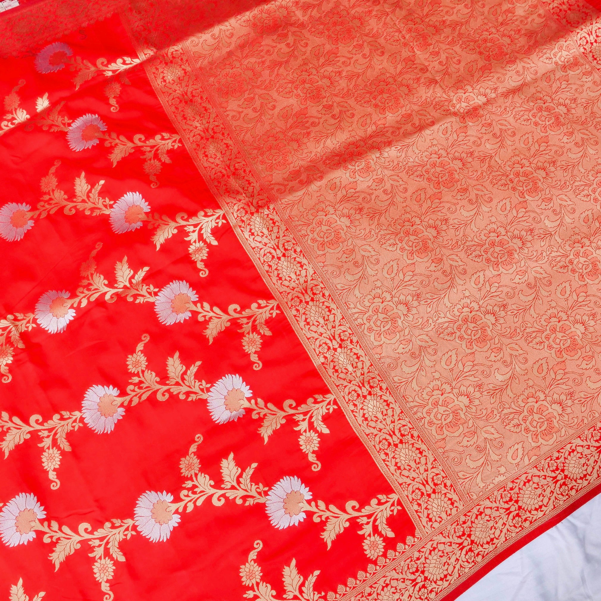 Red Banarasi Silk Saree with Zari Floral Jaal