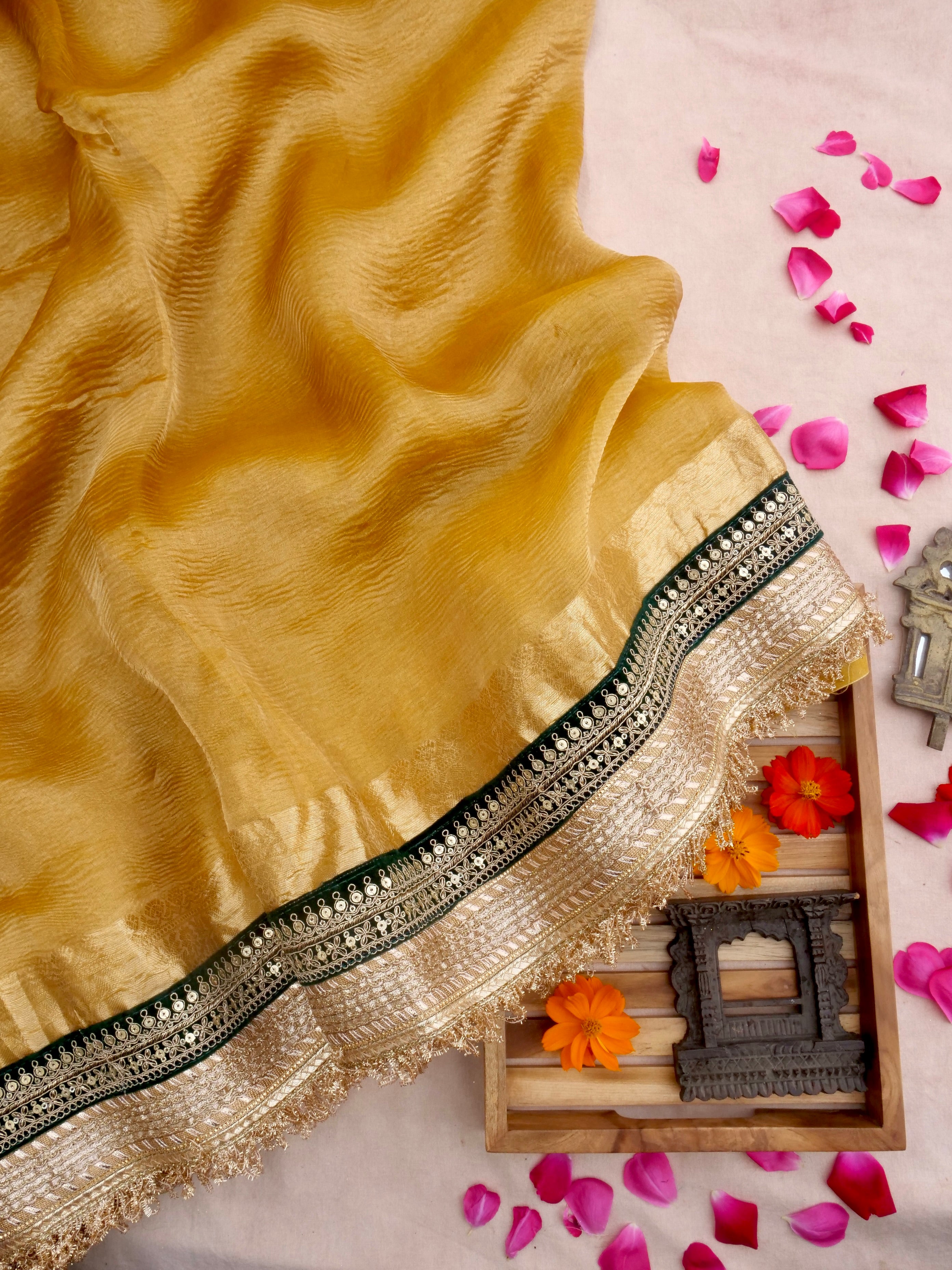 Yellow Gold Pure Crush Tissue Silk Banarasi Saree with Embellished Border