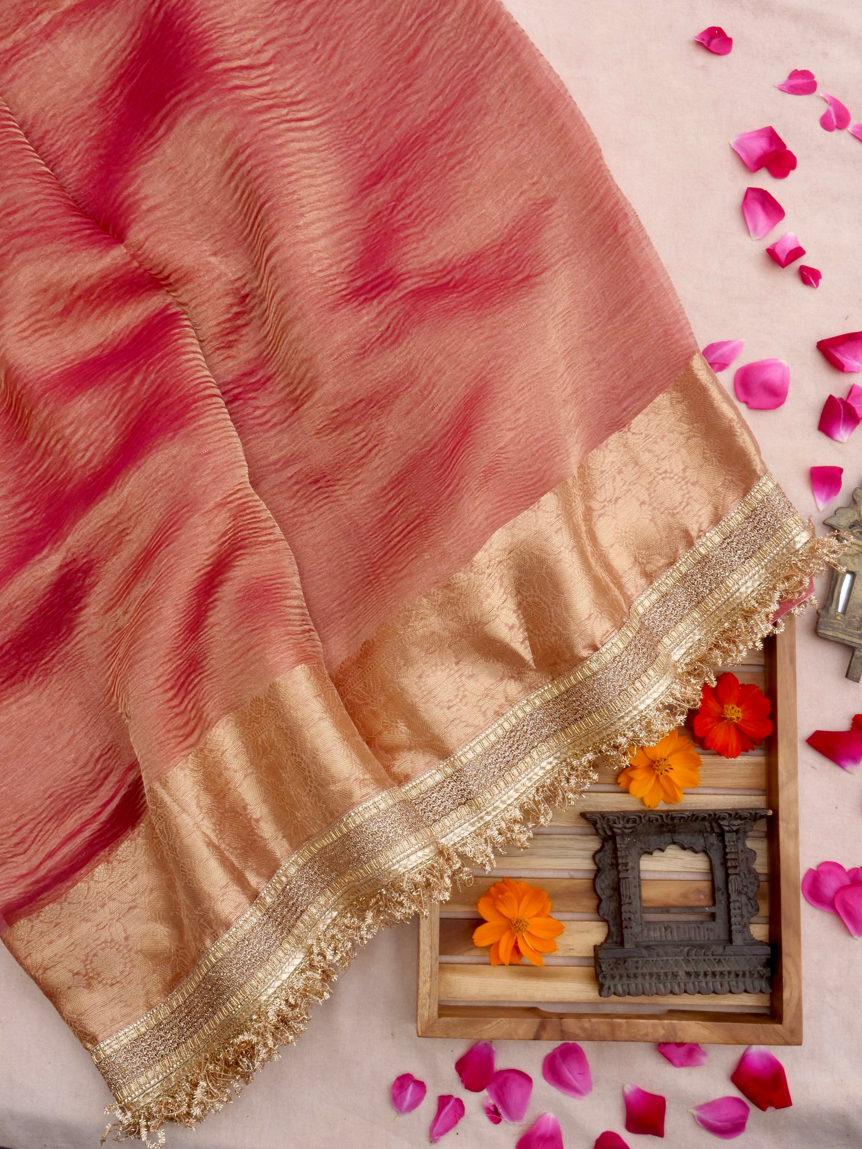 Pink Pure Crush Tissue Silk Banarasi Saree with Embellished Border