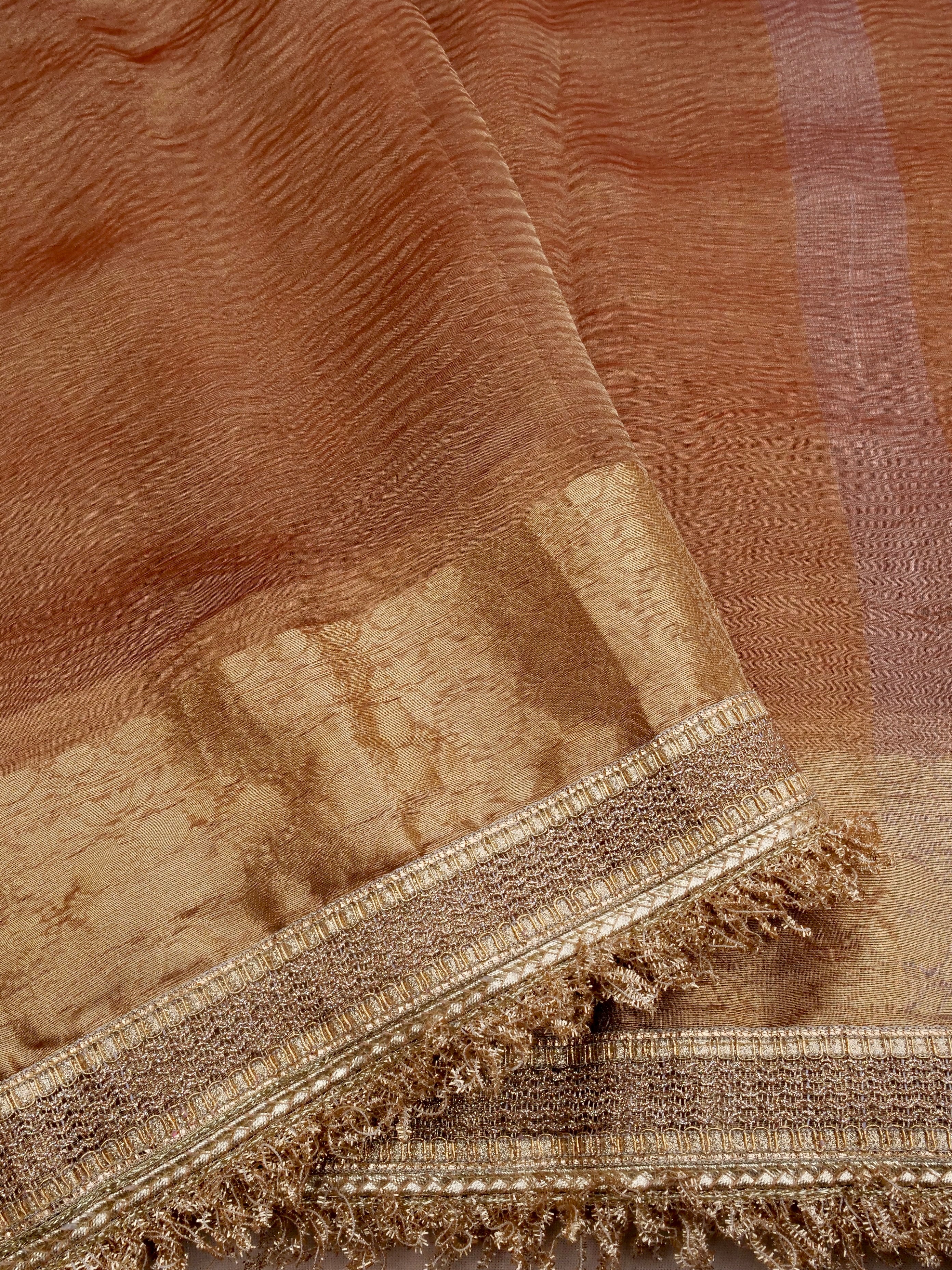 Copper Gold Pure Crush Tissue Silk Banarasi Saree with Embellished Border