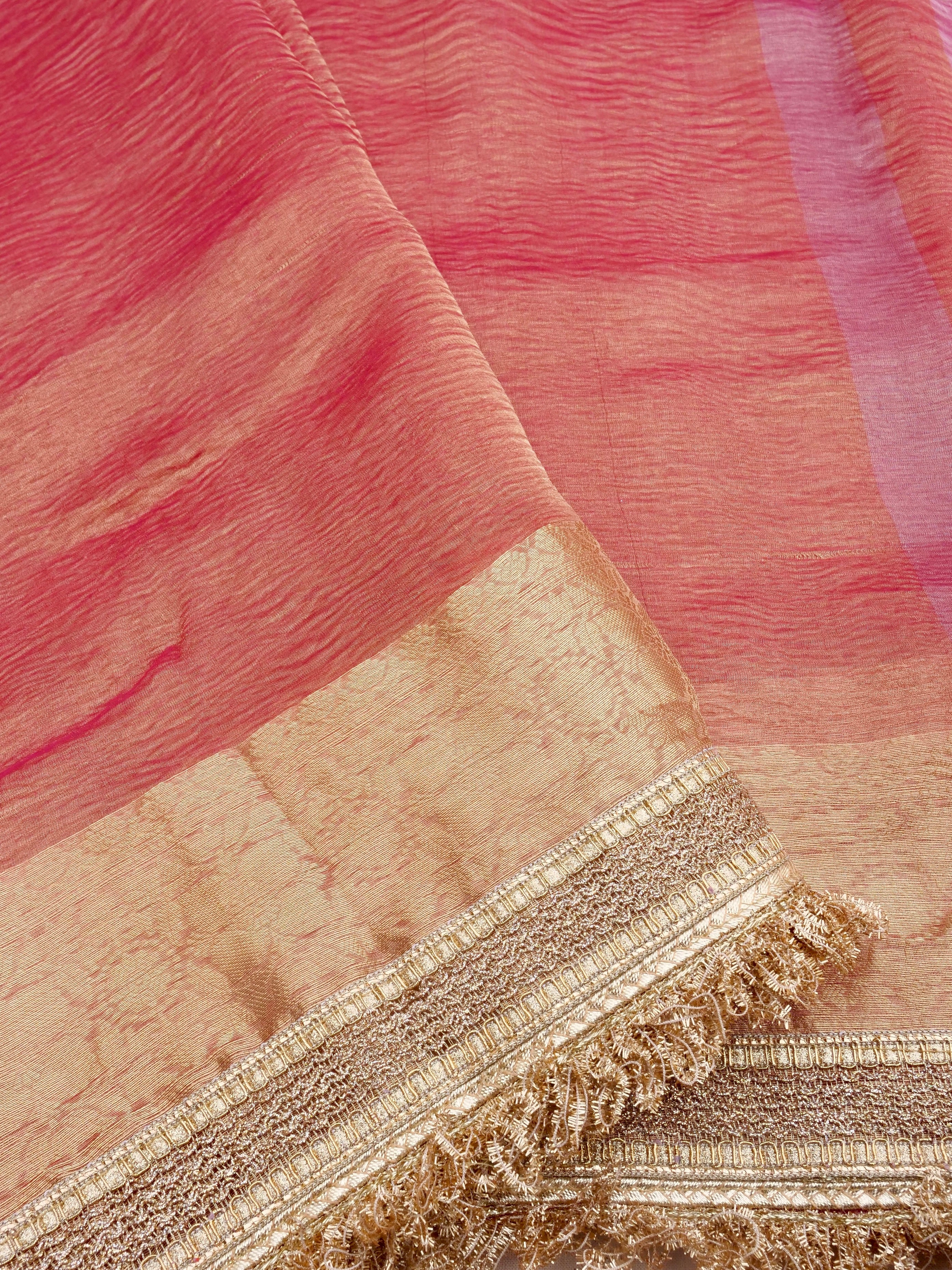 Pink Pure Crush Tissue Silk Banarasi Saree with Embellished Border