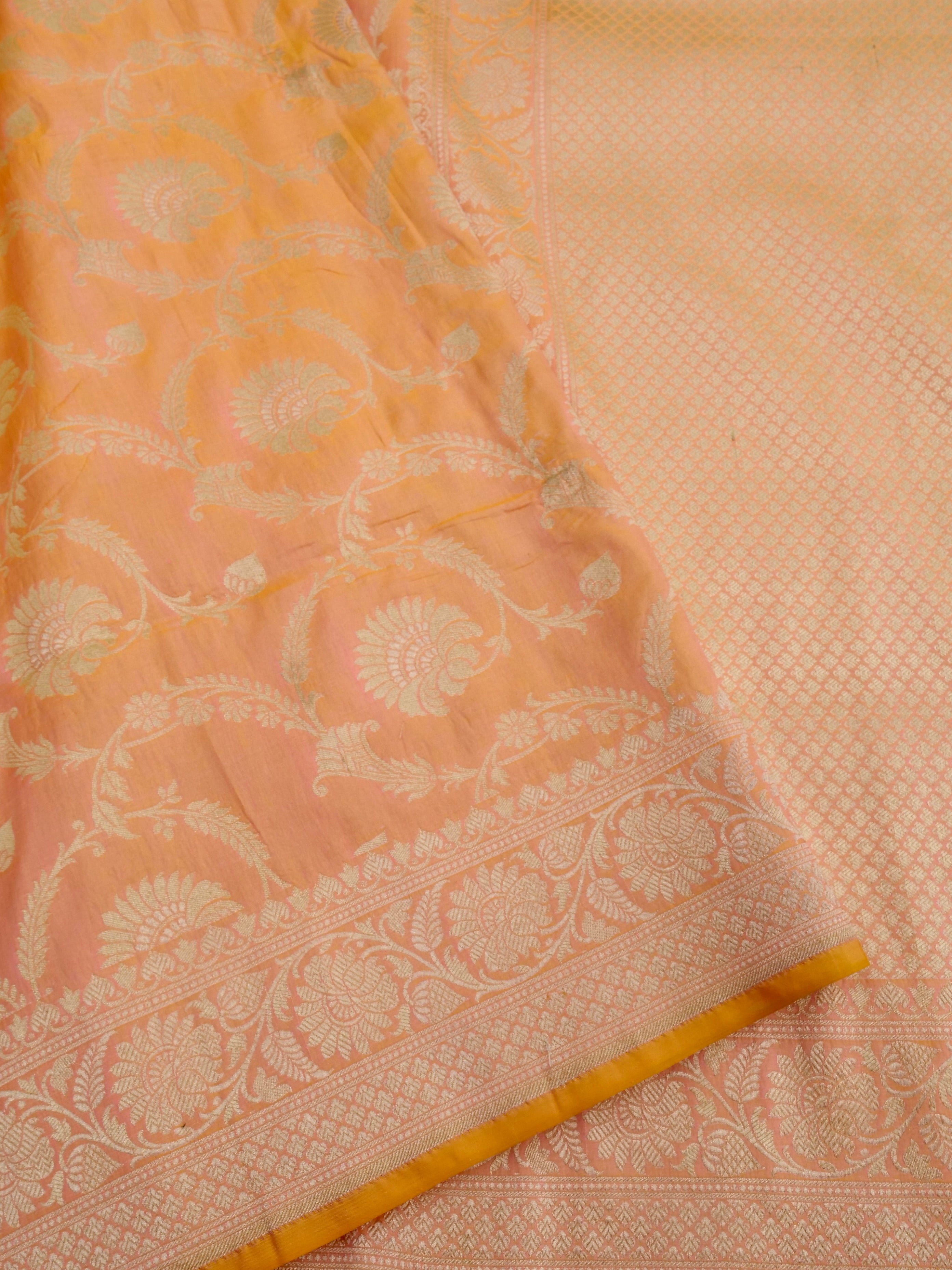 Peach Handwoven Pure Kataan Silk Jangla Banarasi Saree