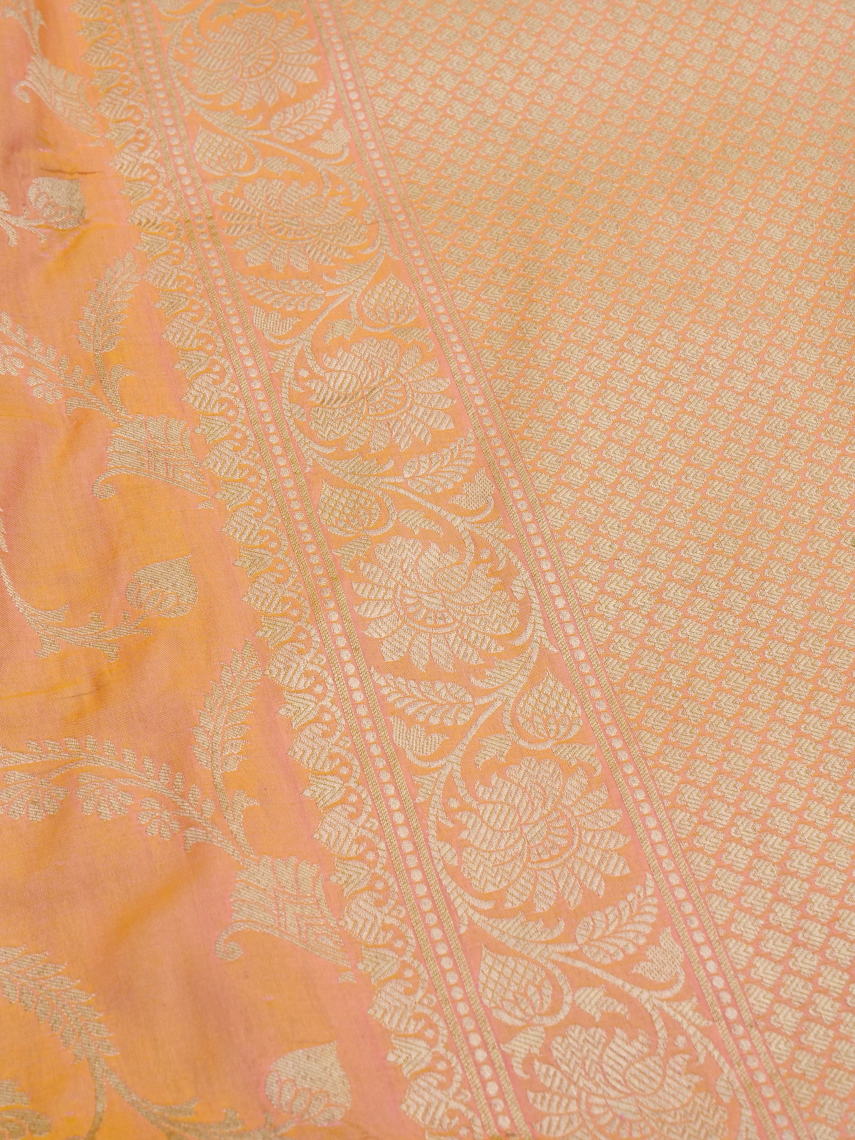 Peach Handwoven Pure Kataan Silk Jangla Banarasi Saree