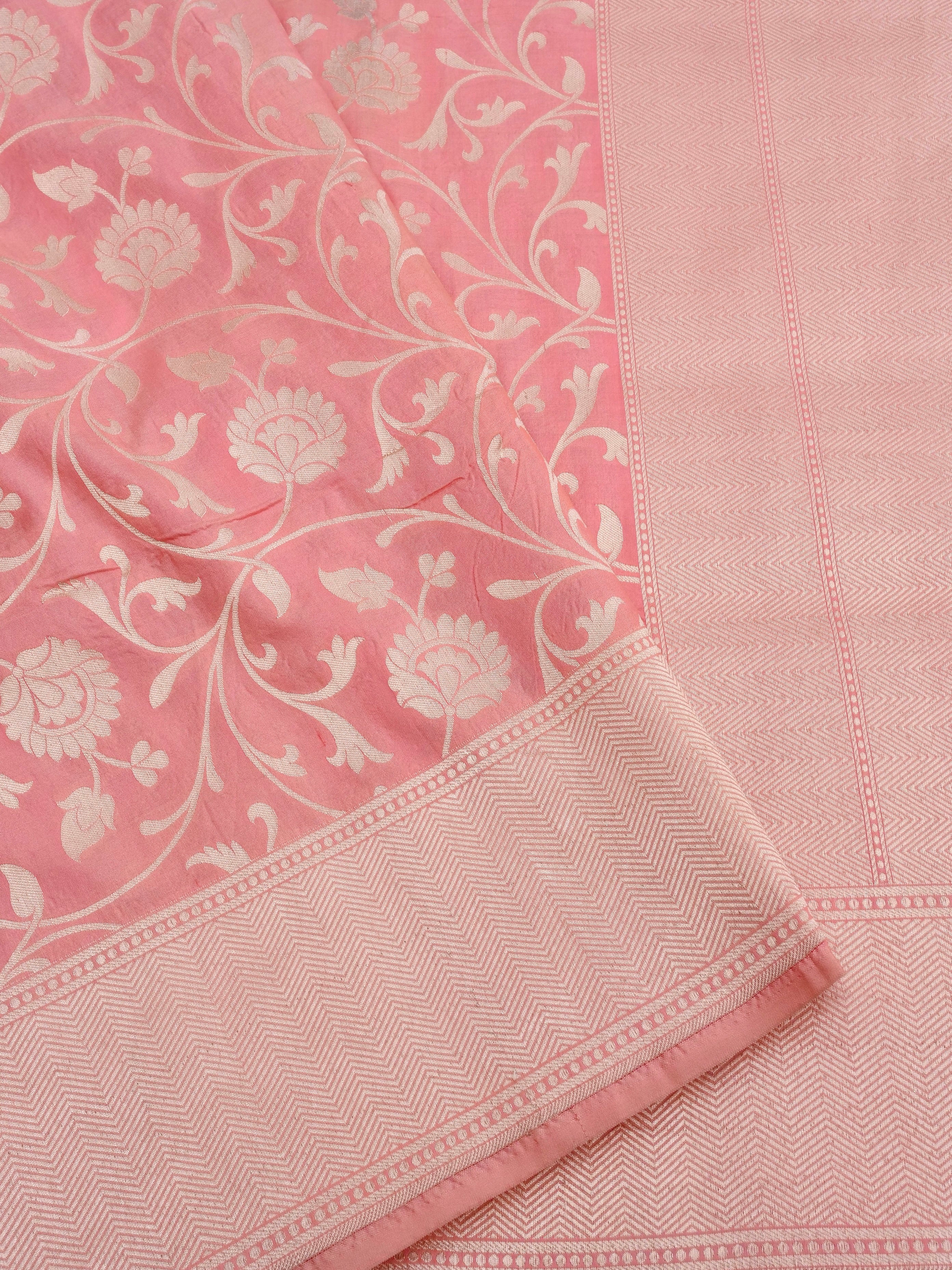 Peach-Pink Handwoven Kataan Silk Jangla Banarasi Saree