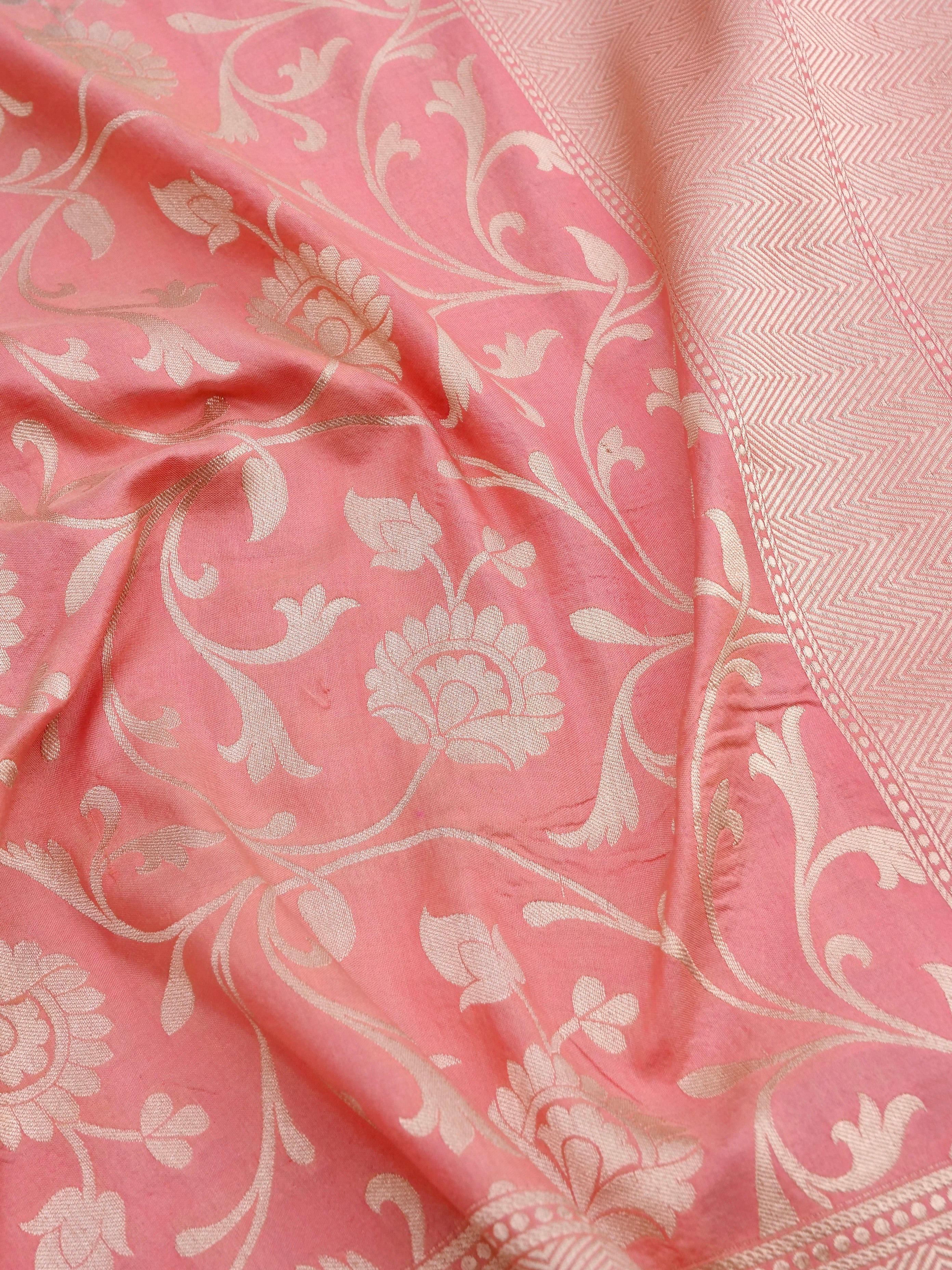 Peach-Pink Handwoven Kataan Silk Jangla Banarasi Saree