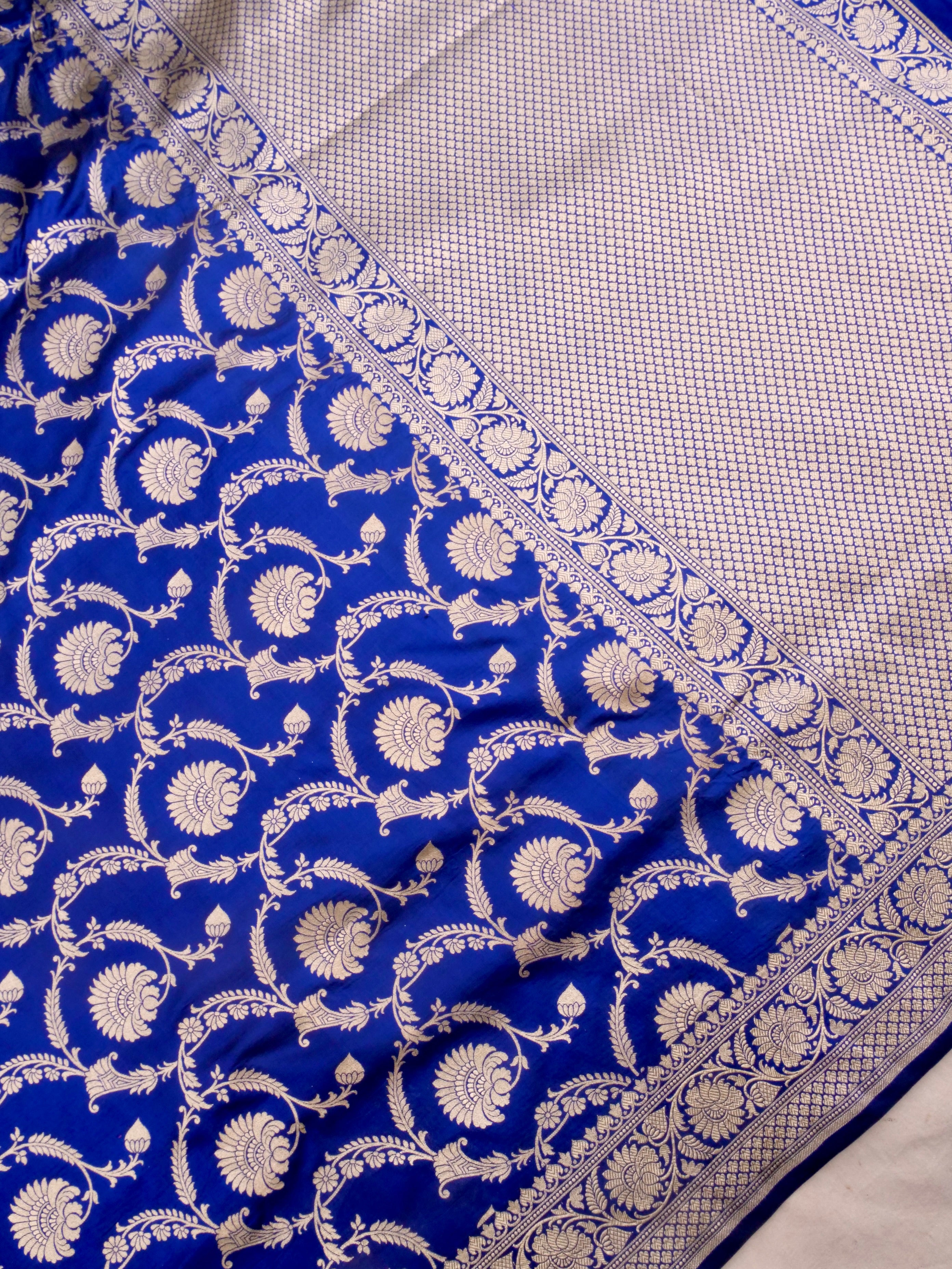 Blue Handwoven Kataan Silk Jangla Banarasi Saree