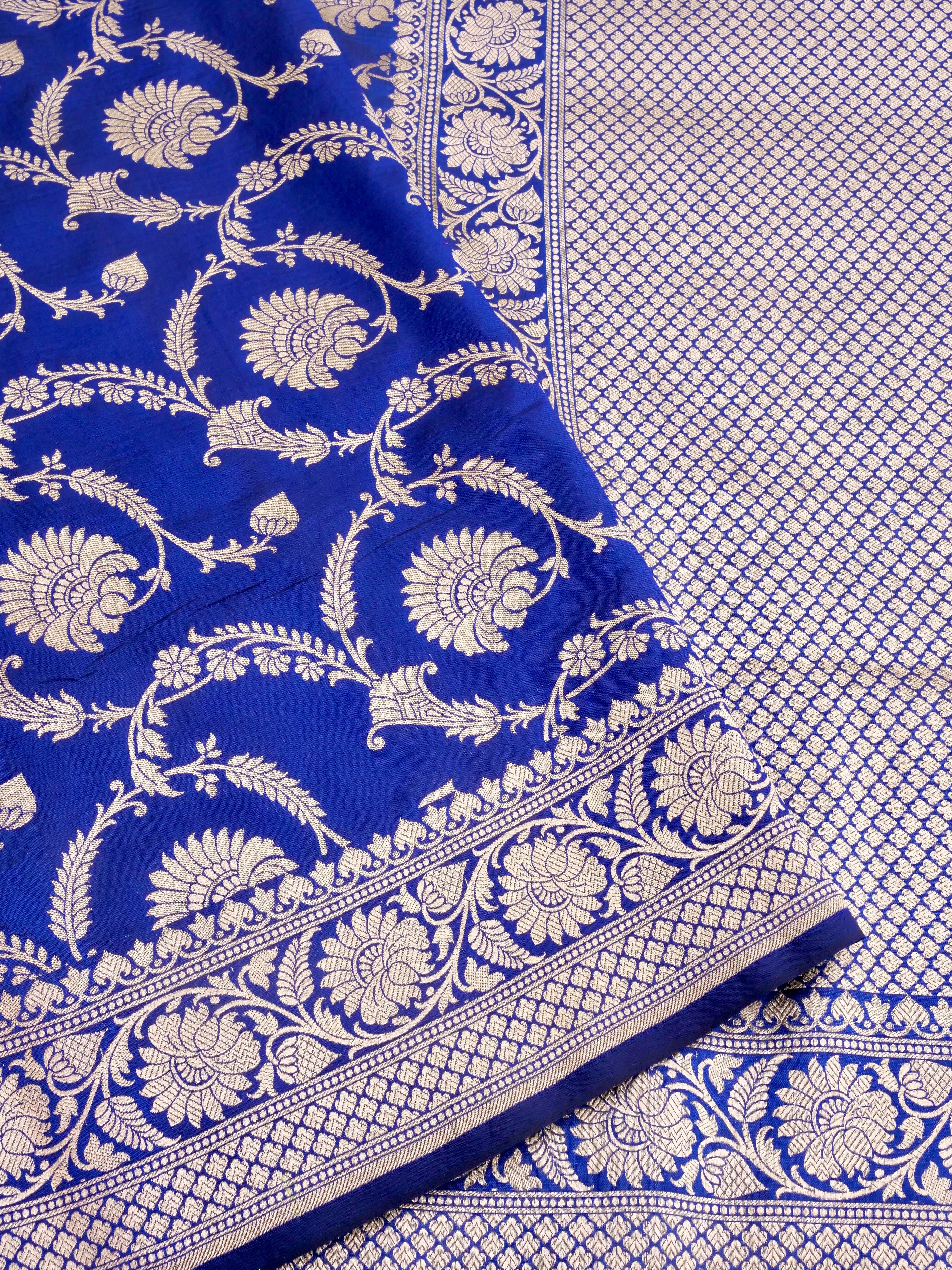 Blue Handwoven Kataan Silk Jangla Banarasi Saree