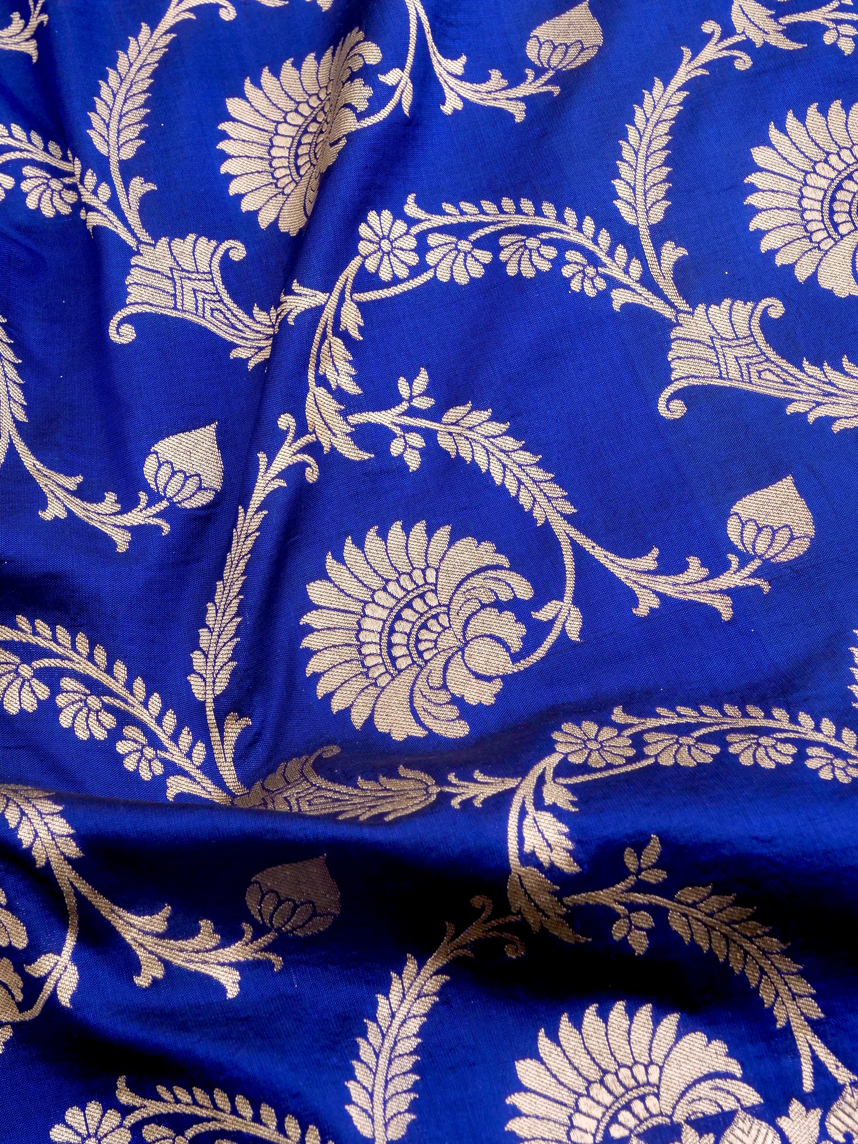 Blue Handwoven Kataan Silk Jangla Banarasi Saree