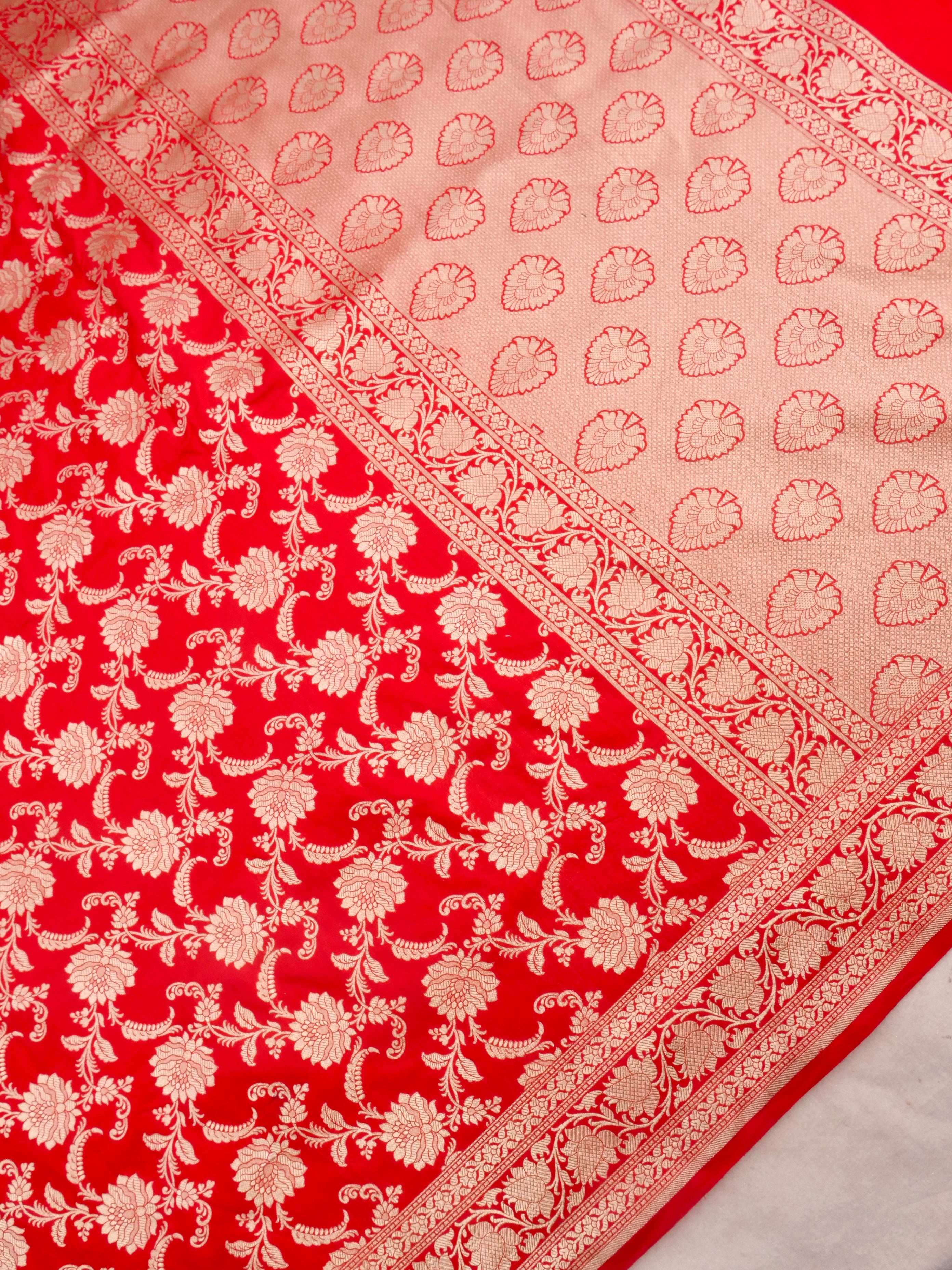 Red Handwoven Kataan Silk Jangla Banarasi Saree