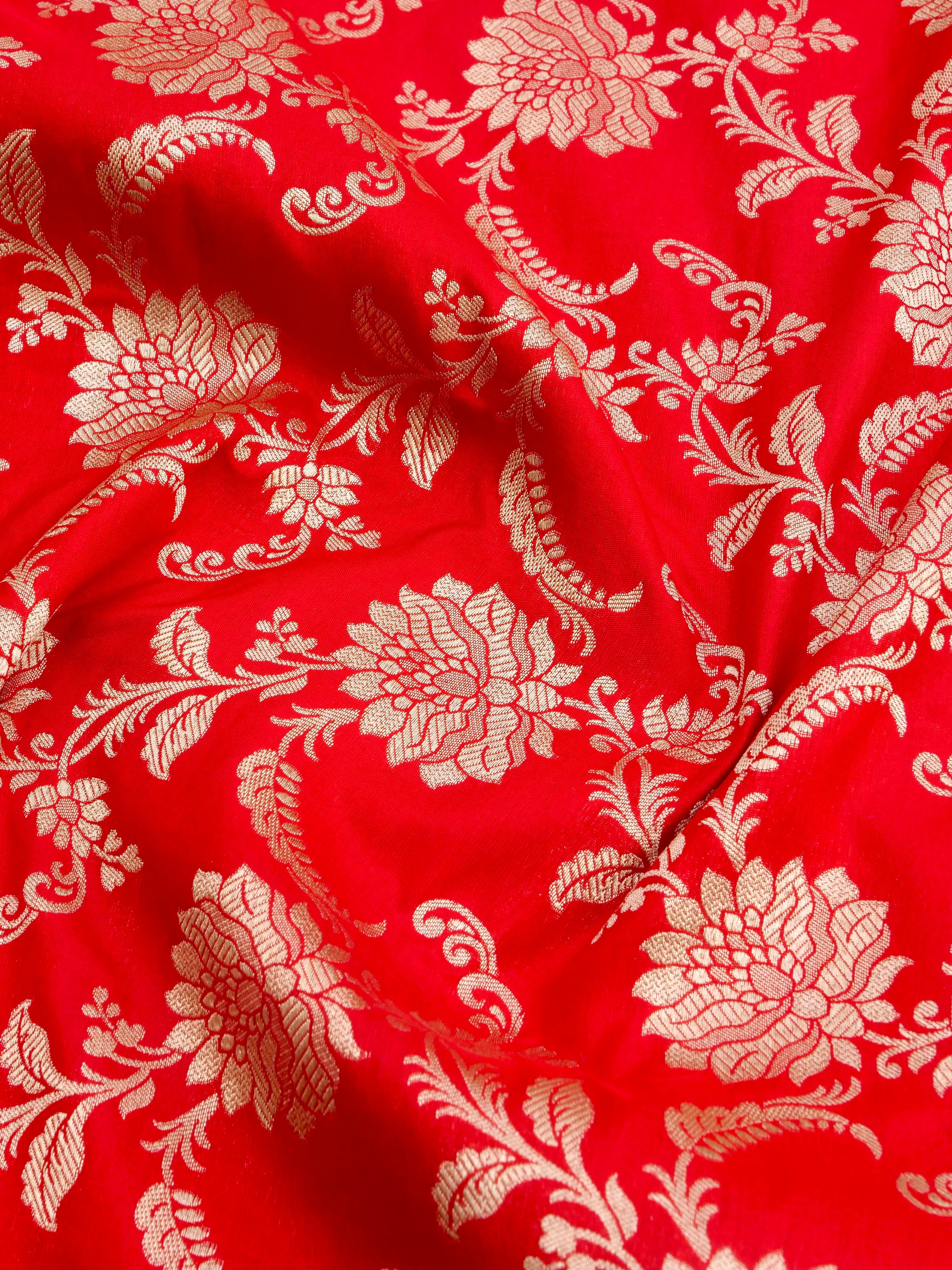 Red Handwoven Kataan Silk Jangla Banarasi Saree