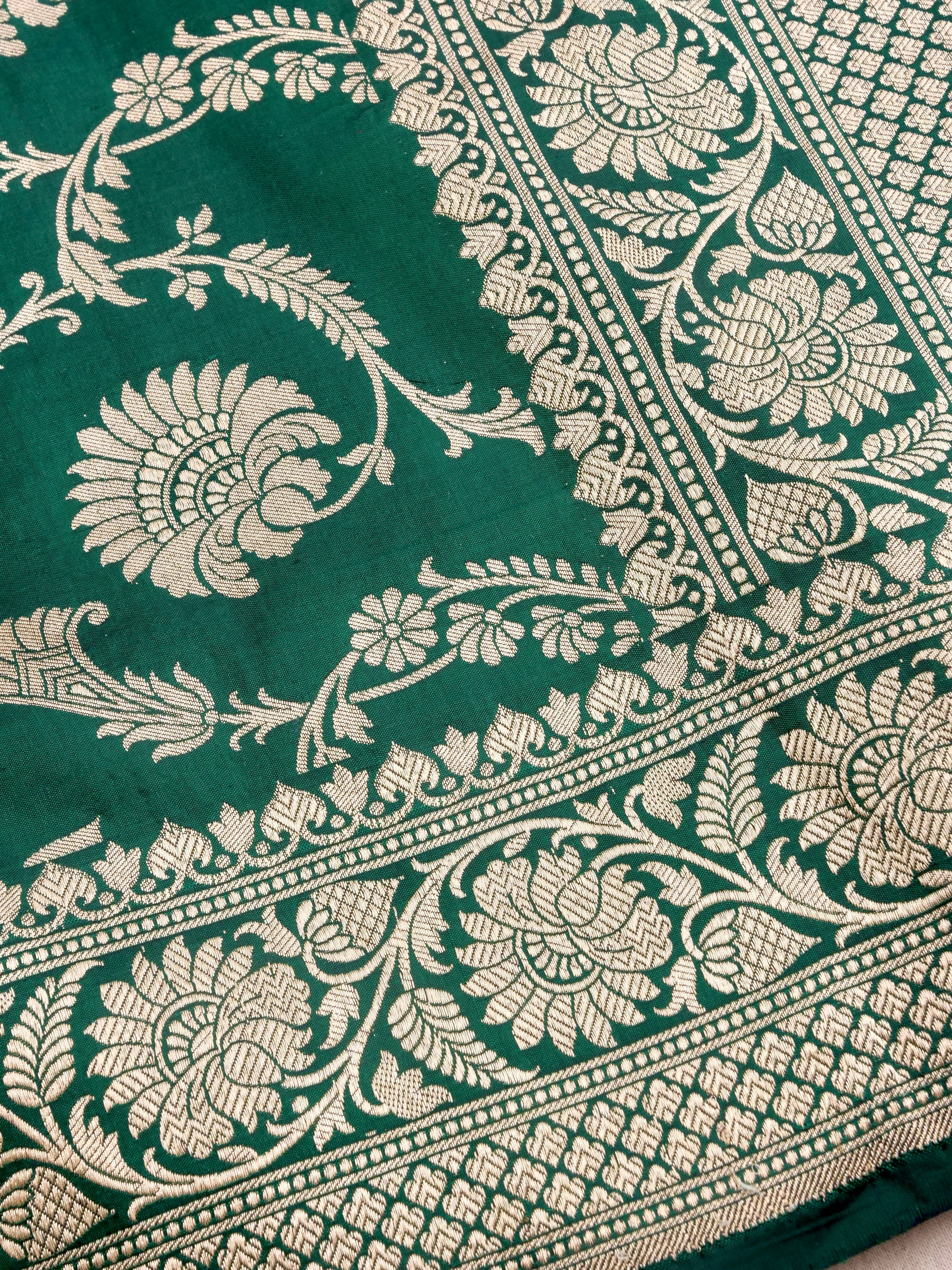 Green Handwoven Kataan Silk Jangla Banarasi Saree