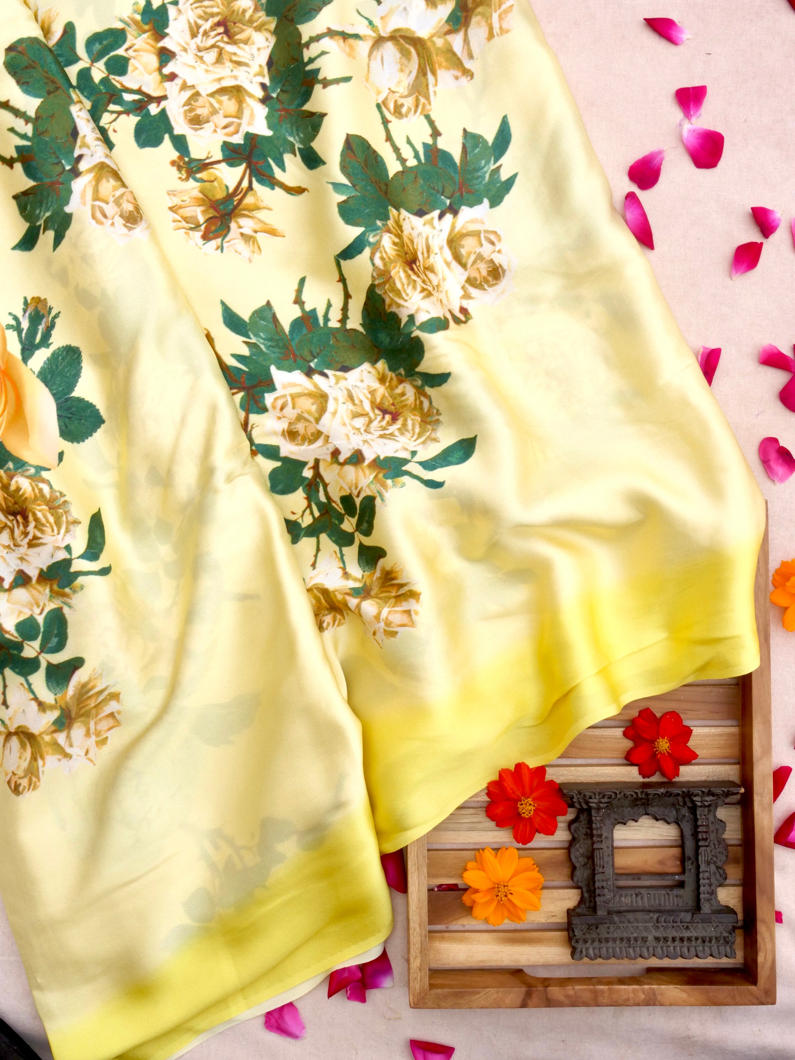 Digital Print Lemon Yellow Pure Silk Banarasi Saree