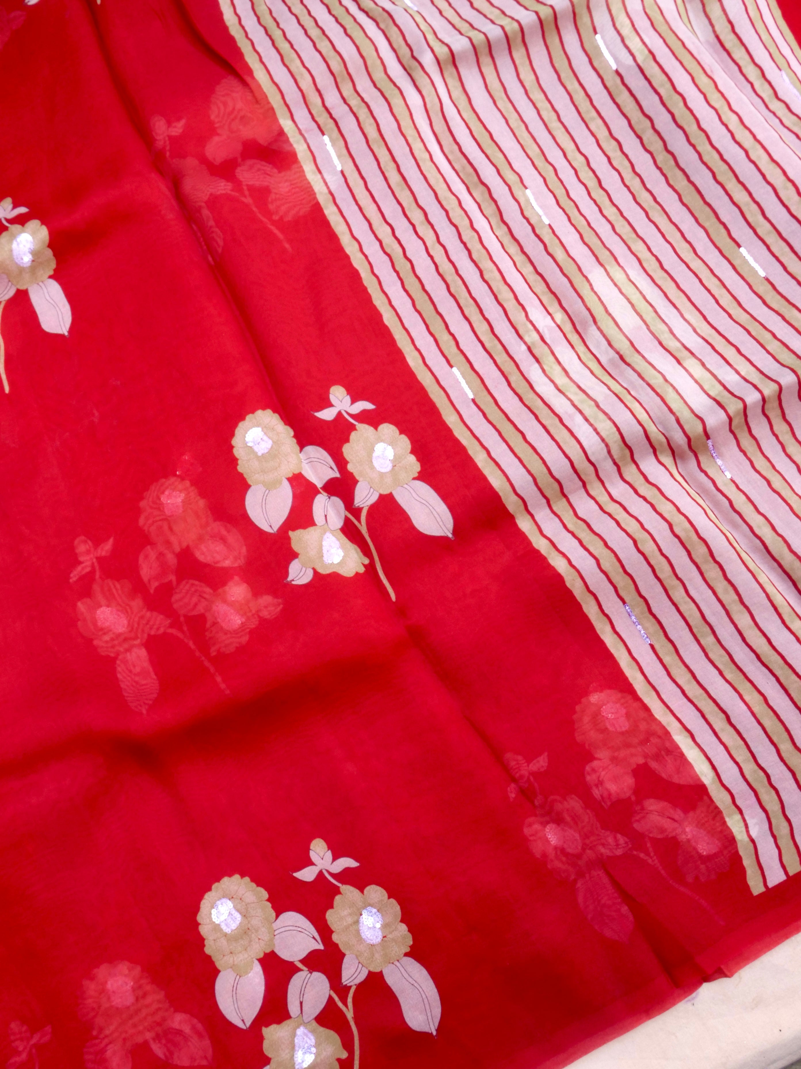 Red Pure Organza Saree with Hand Embroidry