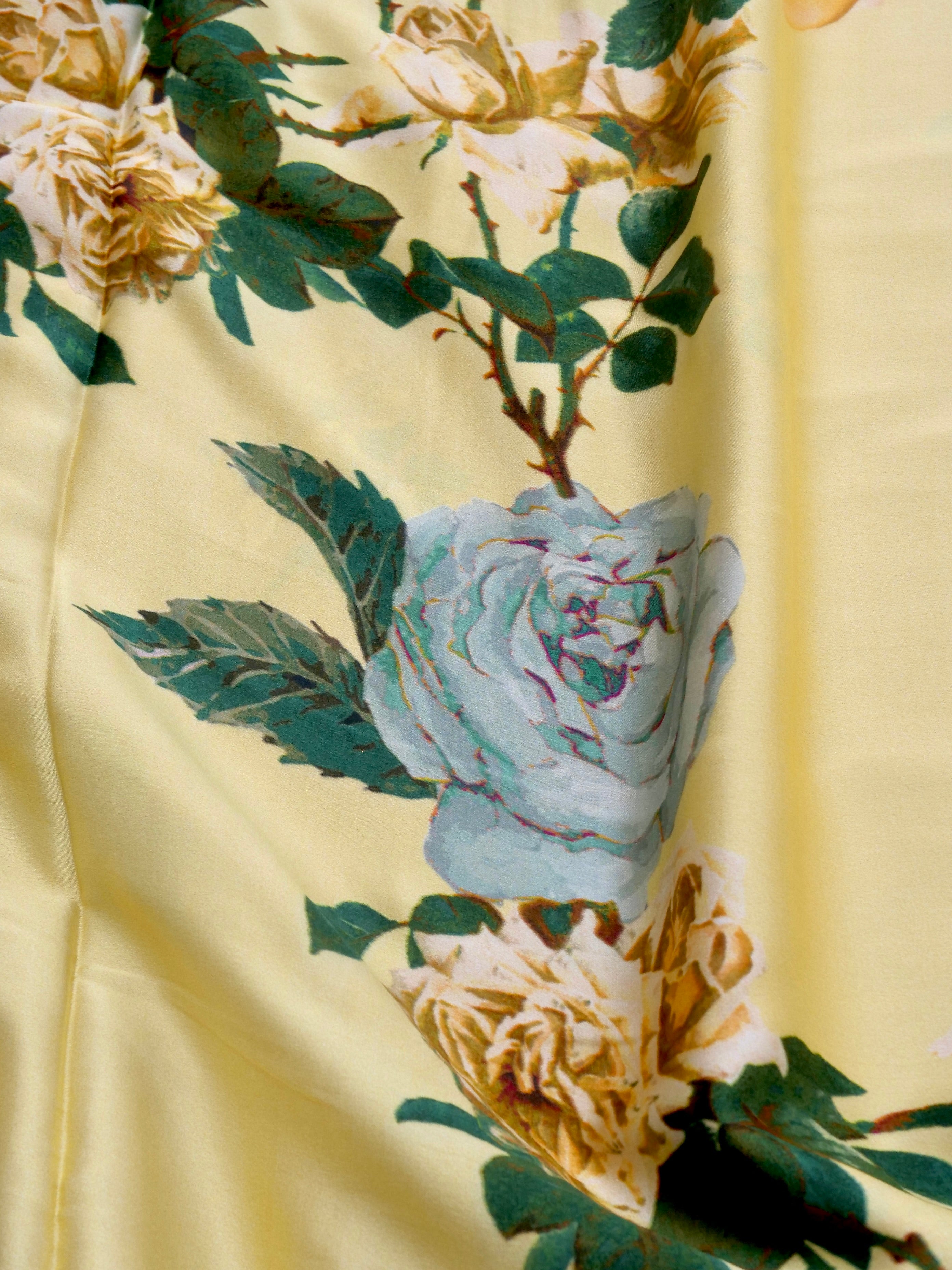 Digital Print Lemon Yellow Pure Silk Banarasi Saree