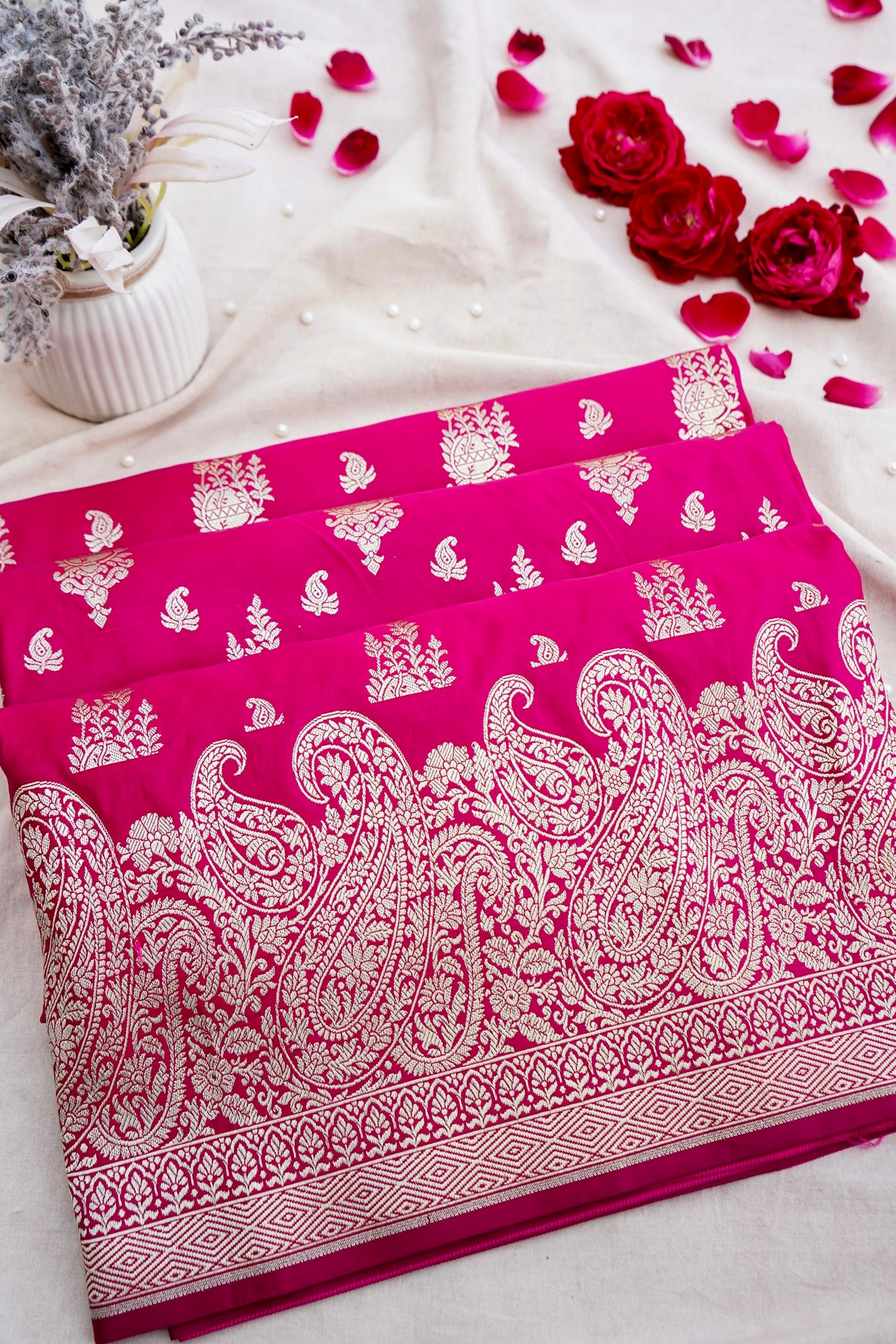 Pink Handwoven Pure Mashru Kataan Silk Buti Banarasi Saree