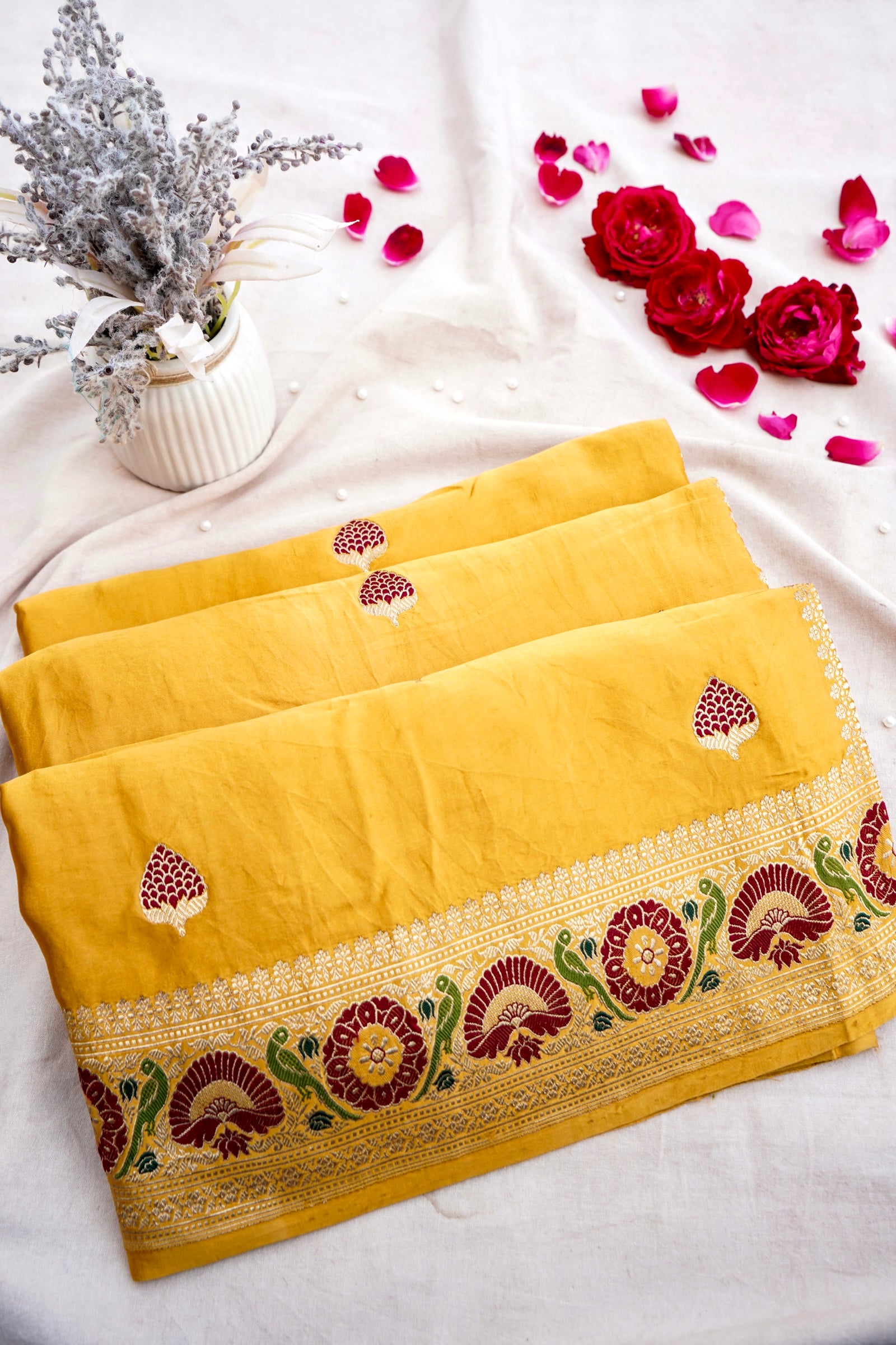 Golden Mustard Handloom Satin Silk Shikargah Banarasi Saree