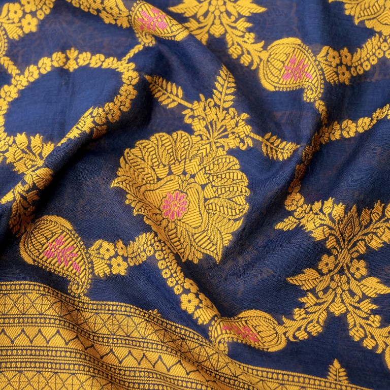 Navy Cotton Silk Banarasi Unstitched Suit Fabric