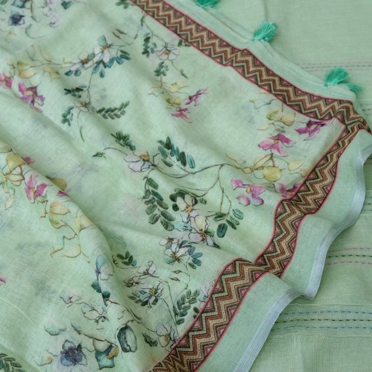 Pista Green Linen Silk Printed Unstitched Suit Fabric