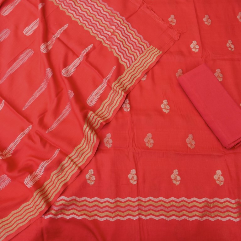 Red Cotton Silk Banarasi Unstitched Suit Fabric