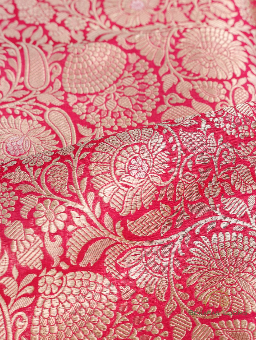 Pink Handwoven Pure Kataan Floral Jaal Fabric
