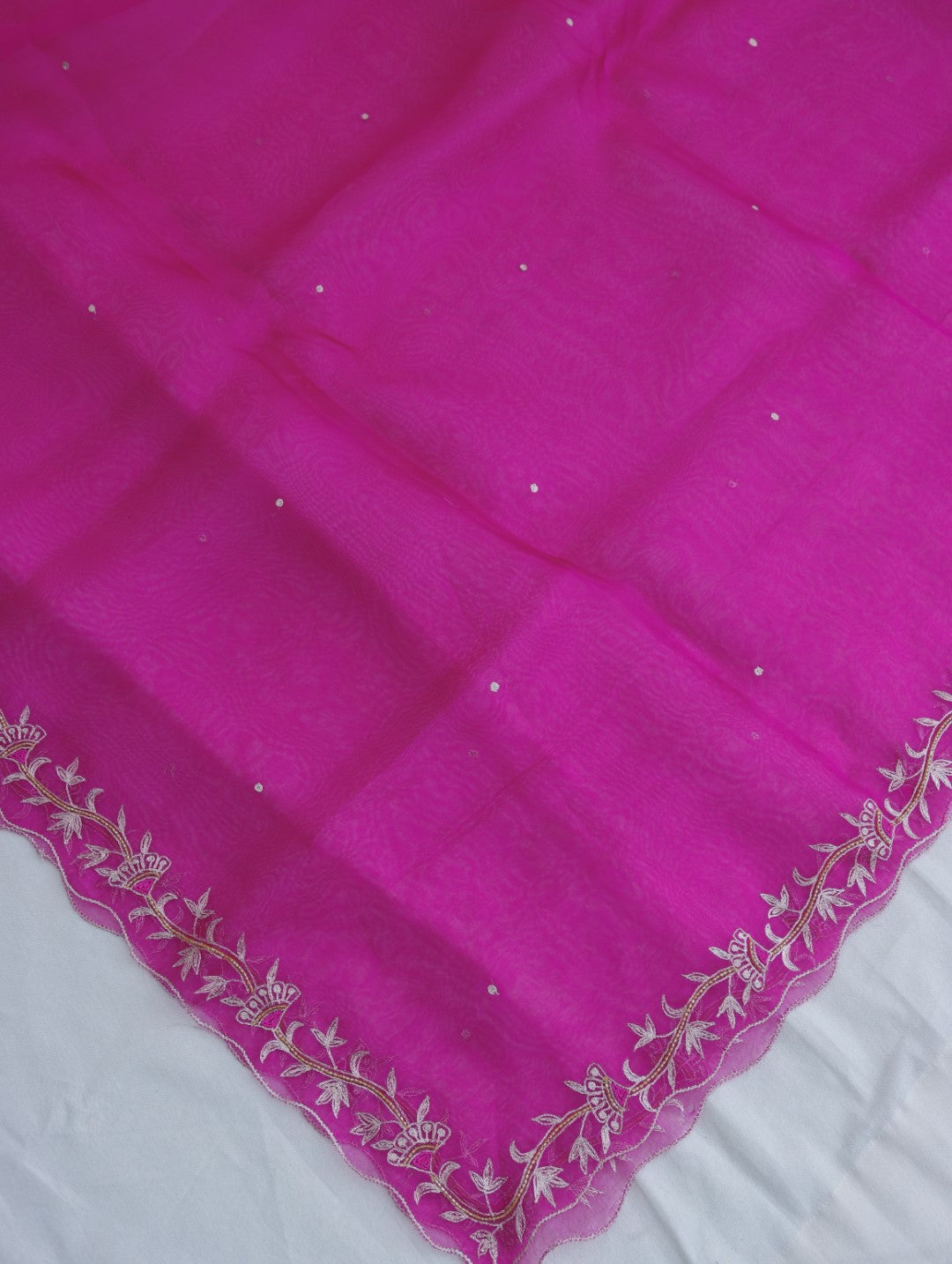Pink Hand Embroidered Handwoven Organza Dupatta