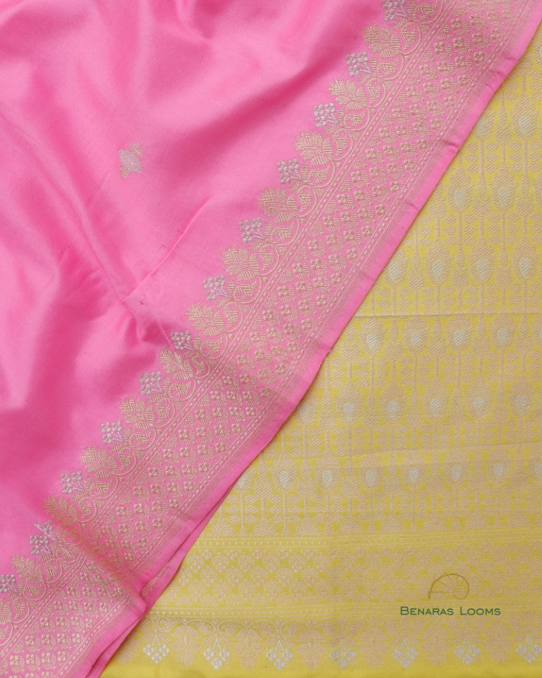 Lemon Yellow & Pink Handwoven Pure Kataan Silk Banarasi Three Piece Suit Set