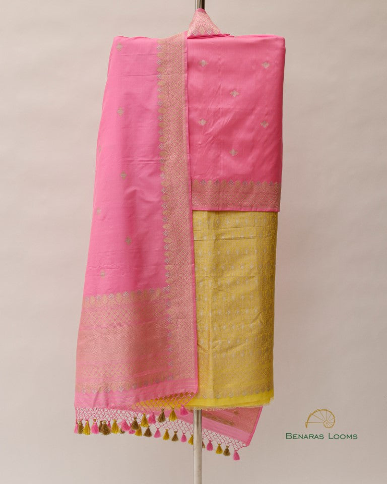 Lemon Yellow & Pink Handwoven Pure Kataan Silk Banarasi Three Piece Suit Set