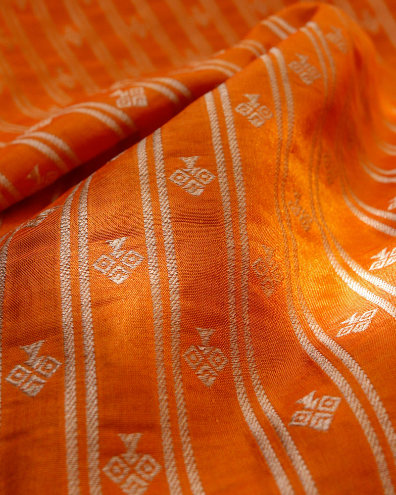 Orange Handwoven Pure Kataan Silk Banarasi Fabric