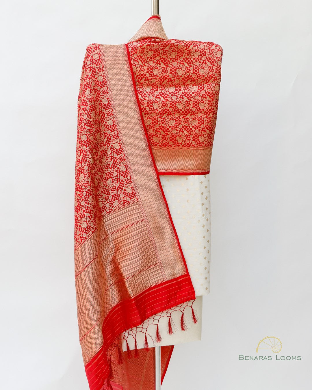 Red and white Handwoven Banarasi Suit Set